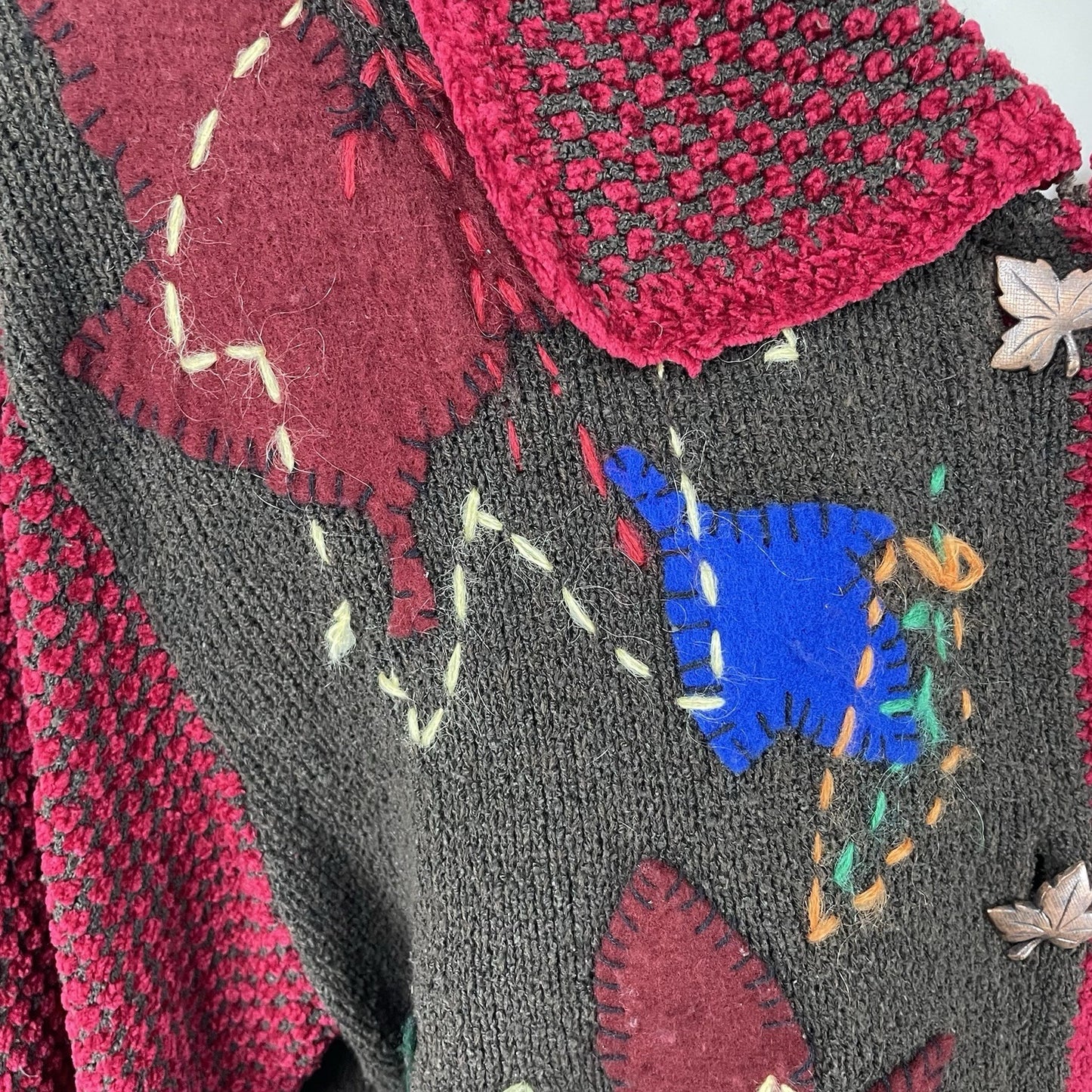 VTG Berek 2 Brown Silk Blend Leaf Embroidered Cardigan Sweater Size Medium M