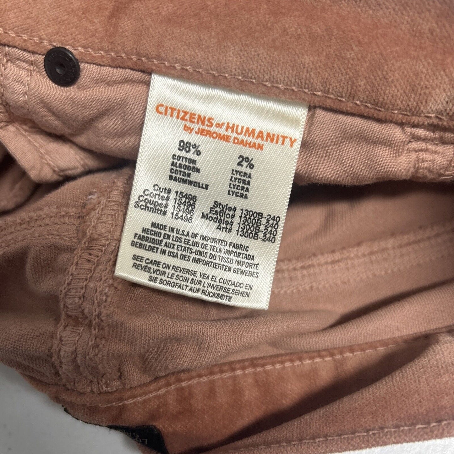 Citizens of Humanity Avedon Low Rise Skinny Leg Peach Velvet Jeans 26 (28 x 32)