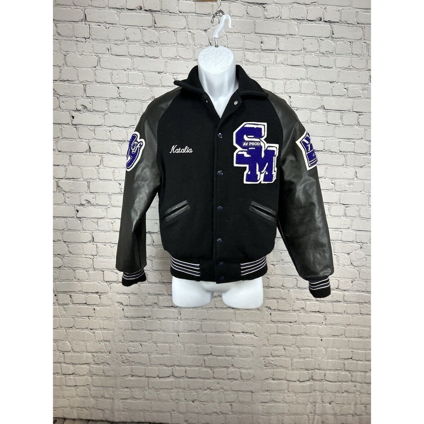 Meca Black Purple Wool AV Prod Patch Quilted Letterman Varsity Jacket Unisex S