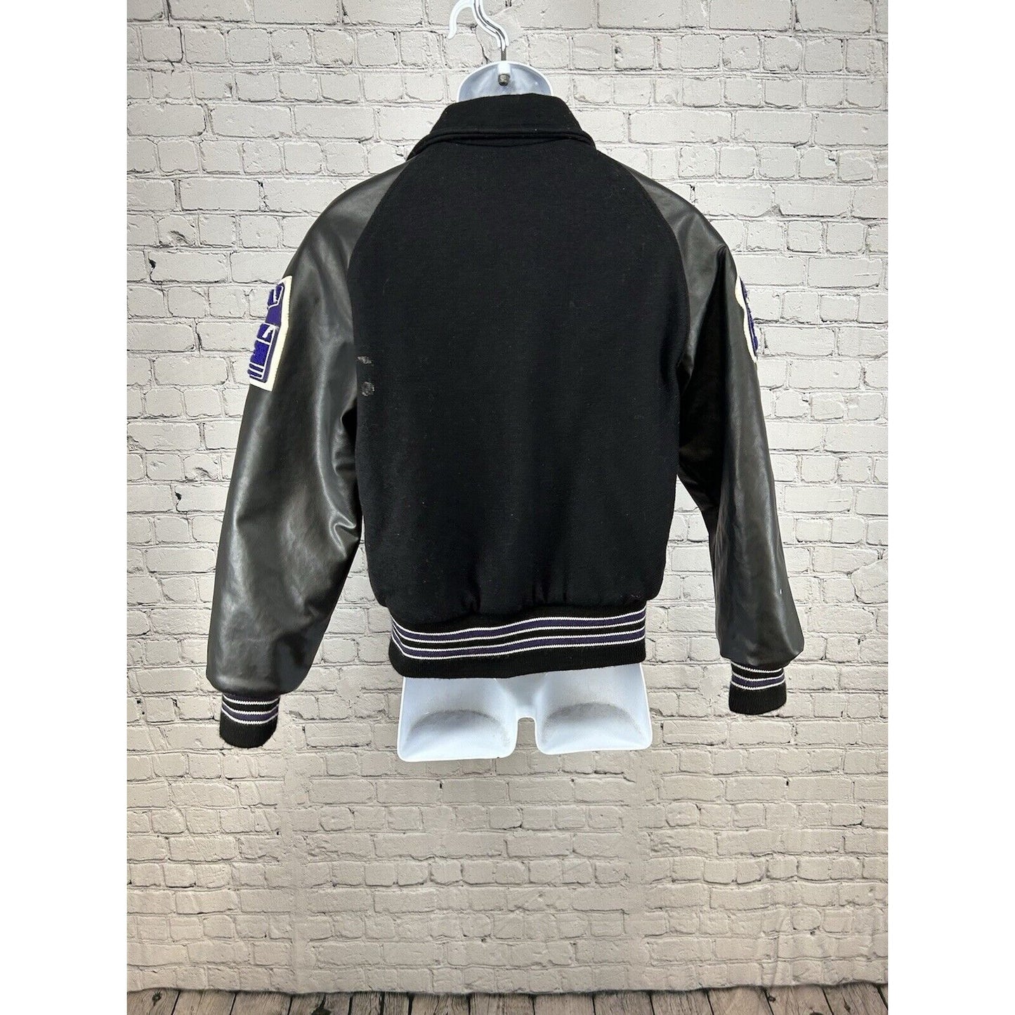 Meca Black Purple Wool AV Prod Patch Quilted Letterman Varsity Jacket Unisex S