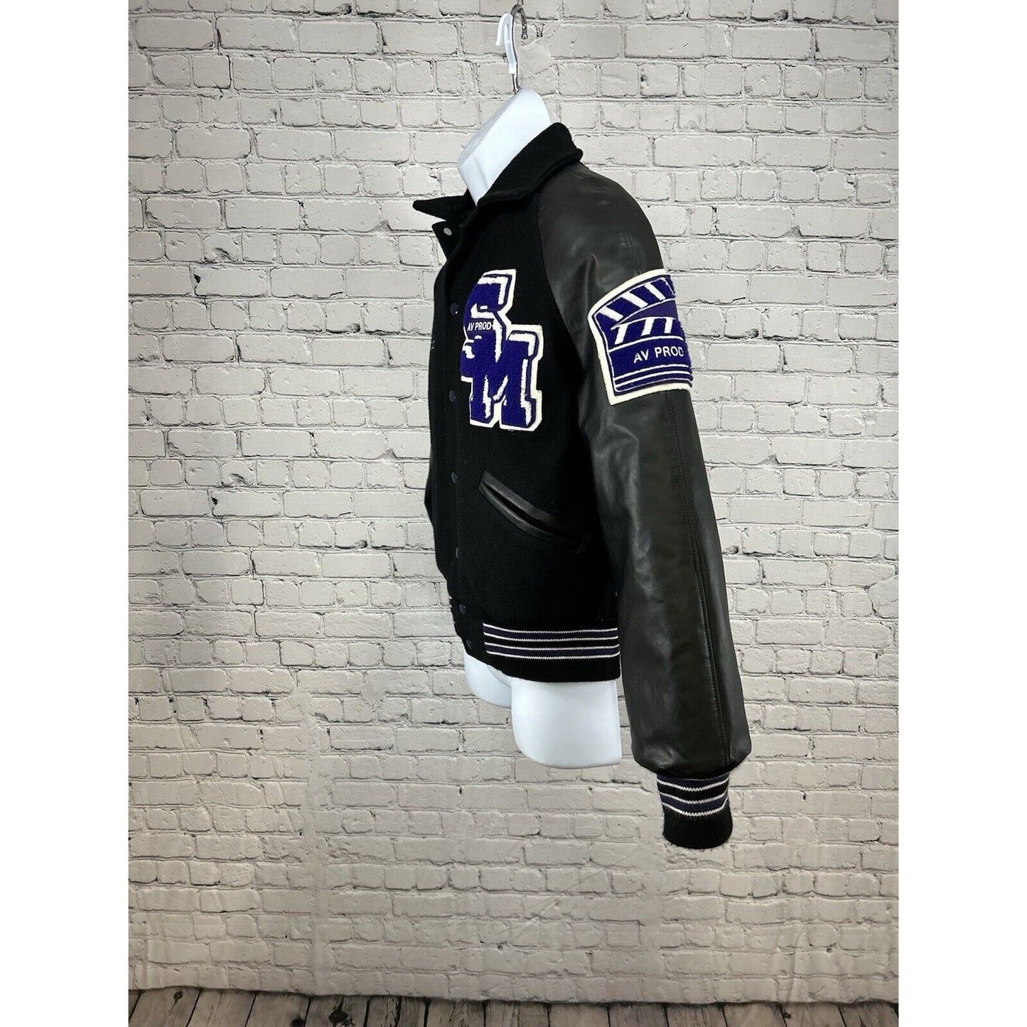 Meca Black Purple Wool AV Prod Patch Quilted Letterman Varsity Jacket Unisex S