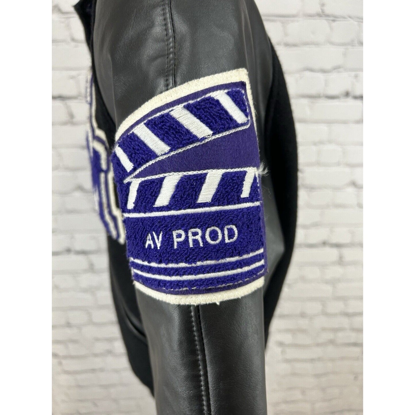 Meca Black Purple Wool AV Prod Patch Quilted Letterman Varsity Jacket Unisex S