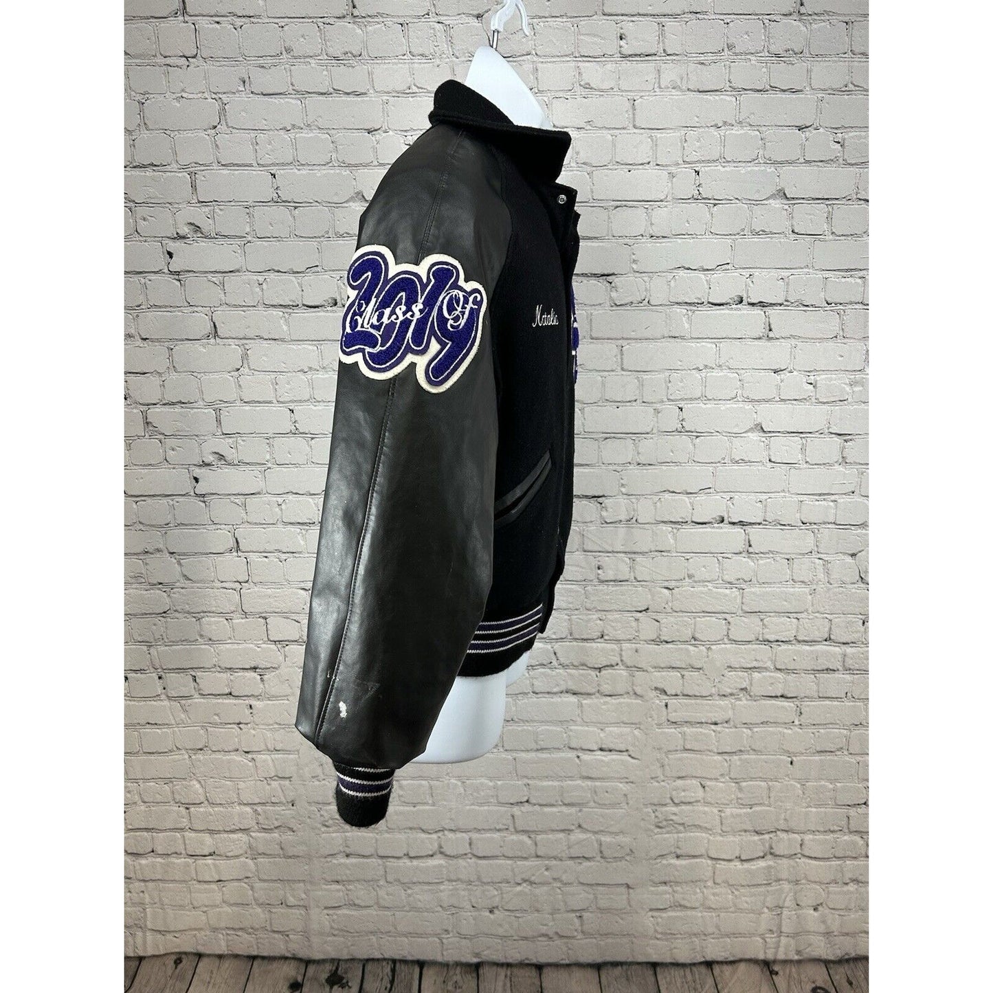 Meca Black Purple Wool AV Prod Patch Quilted Letterman Varsity Jacket Unisex S
