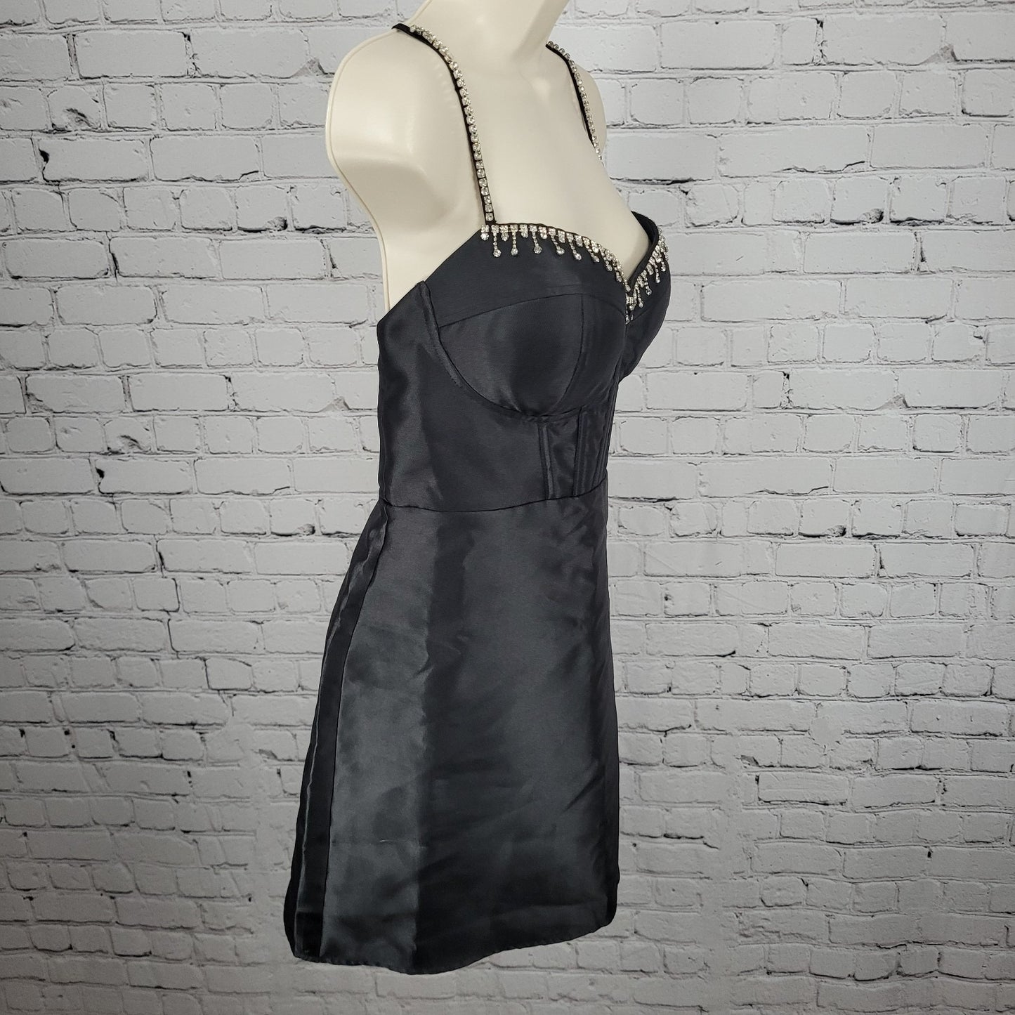 NWD Lulus Black Satin Rhinestone Bustier Backless Strappy Lined Mini Dress Large