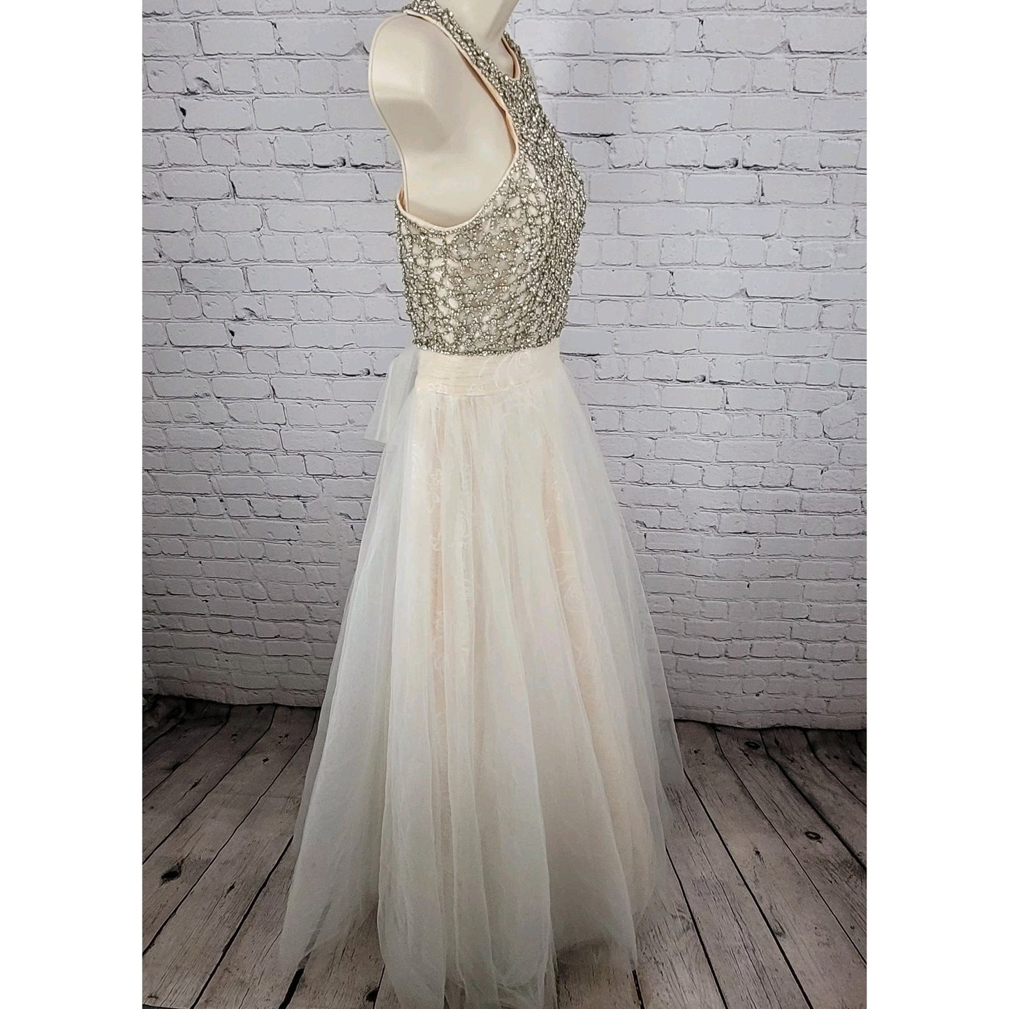 VTG Jovani Nude Cream Lace Tulle High Neck Jeweled Wedding Gown Dress 2