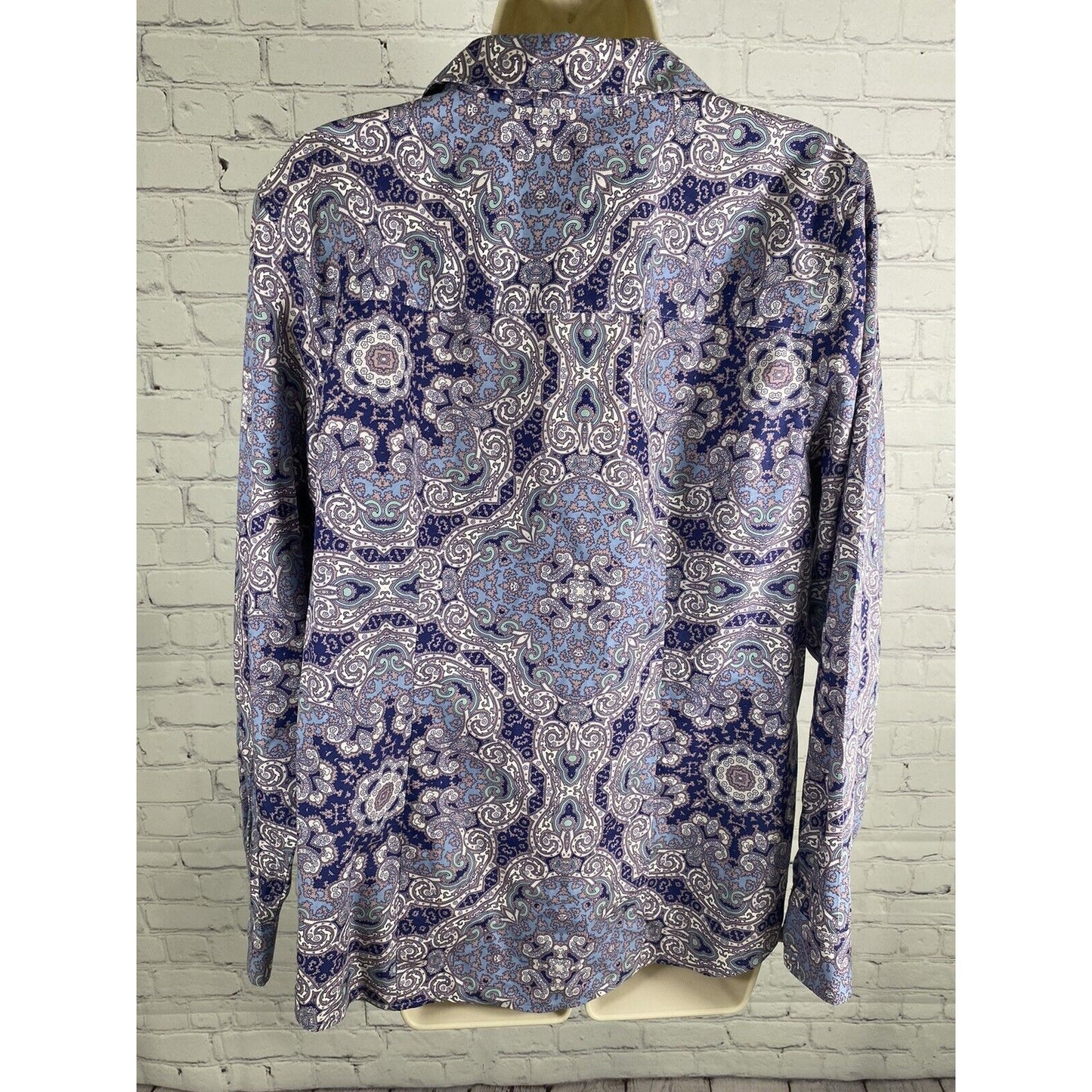 Chicos Purple White Blue Paisley Long Sleeve Collared Button Up Blouse Womens M