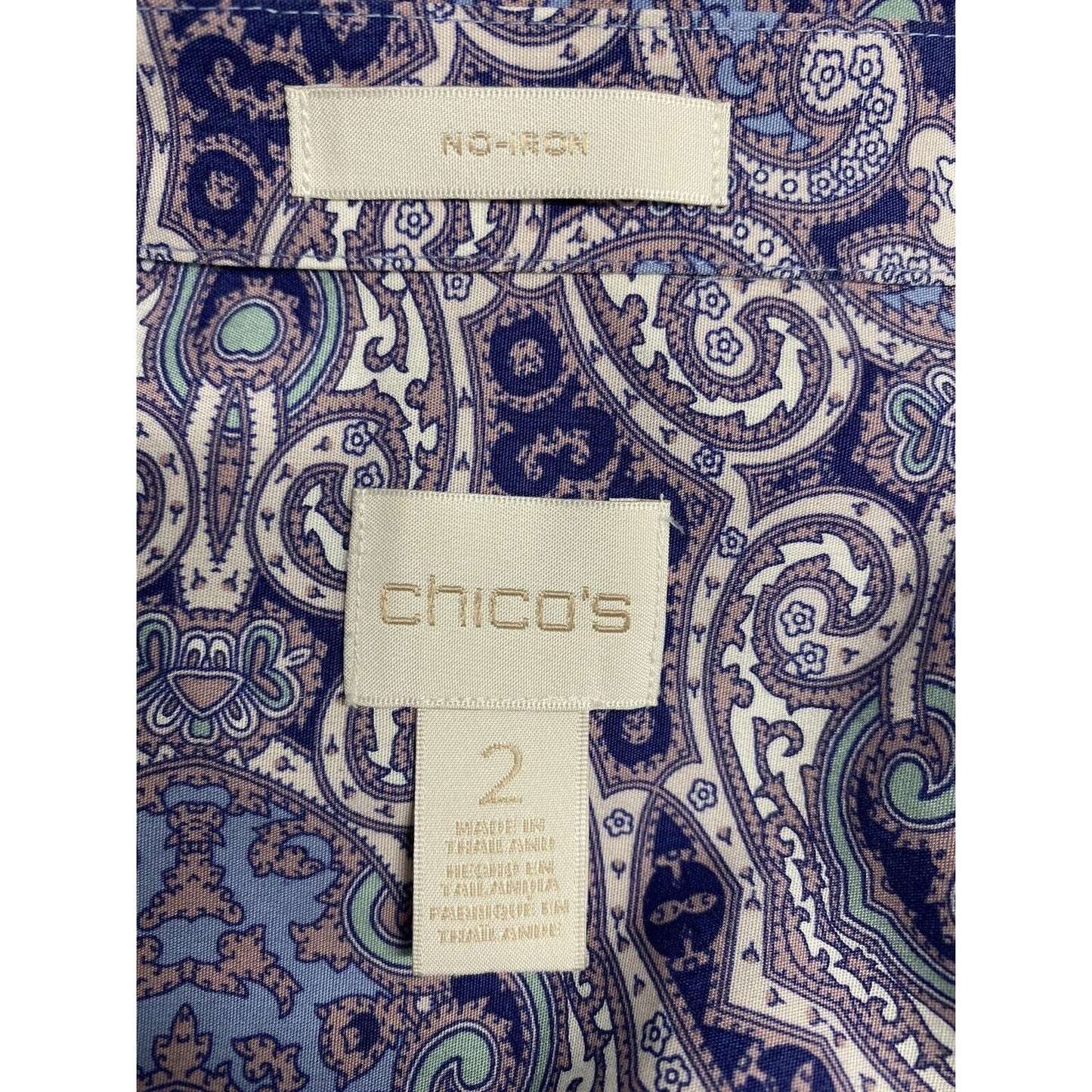 Chicos Purple White Blue Paisley Long Sleeve Collared Button Up Blouse Womens M