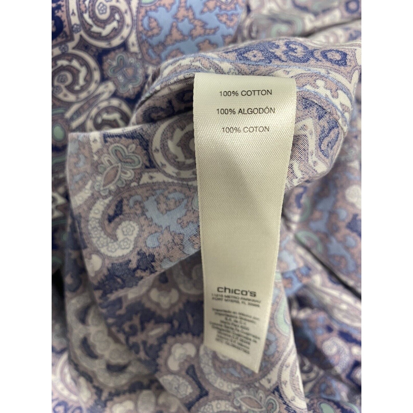 Chicos Purple White Blue Paisley Long Sleeve Collared Button Up Blouse Womens M