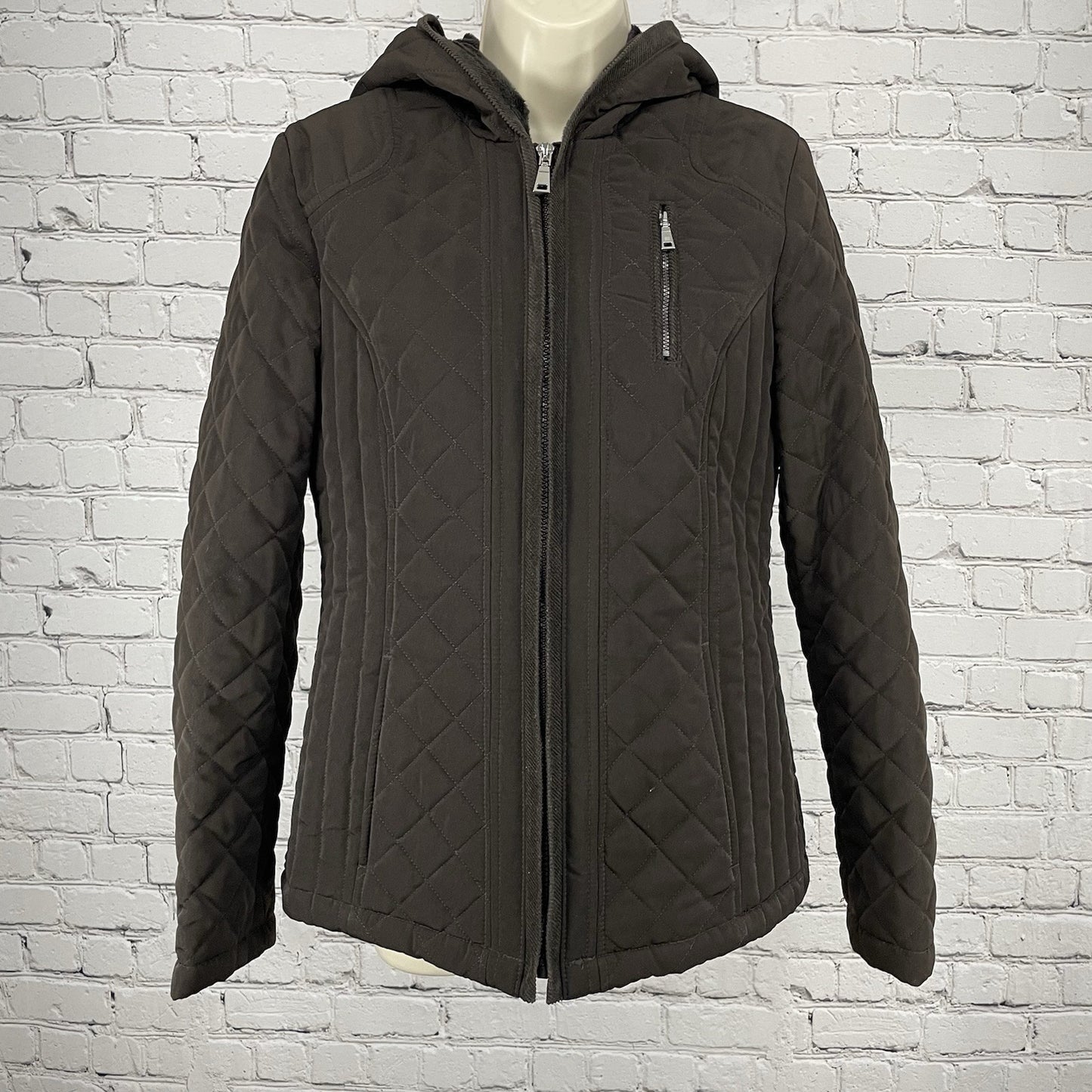 Laundry By Design Brown Quilted Zip Faux Fur Hooded Puffer Jacket Size Small S