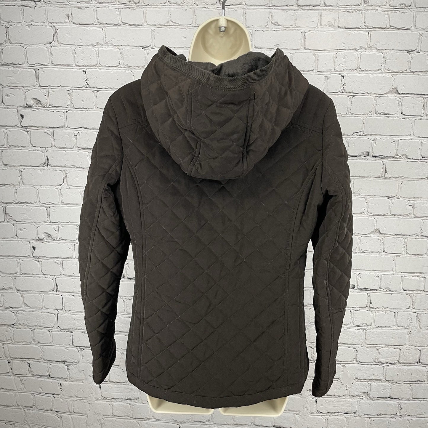 Laundry By Design Brown Quilted Zip Faux Fur Hooded Puffer Jacket Size Small S