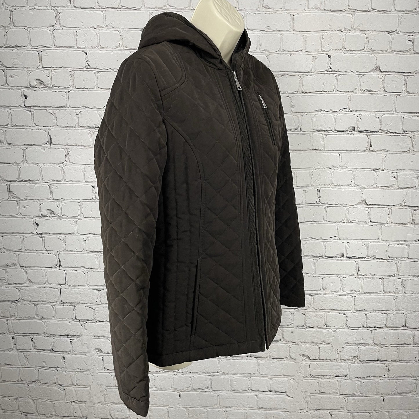 Laundry By Design Brown Quilted Zip Faux Fur Hooded Puffer Jacket Size Small S