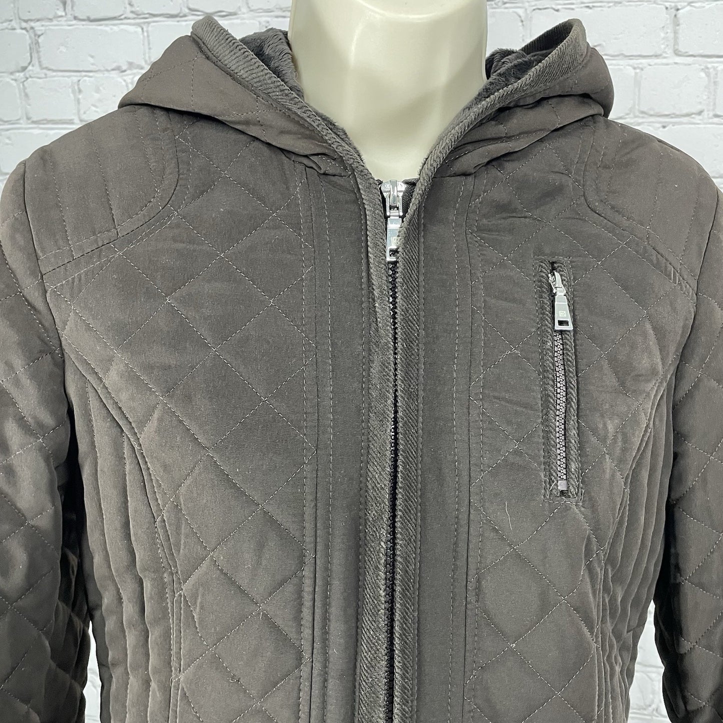 Laundry By Design Brown Quilted Zip Faux Fur Hooded Puffer Jacket Size Small S
