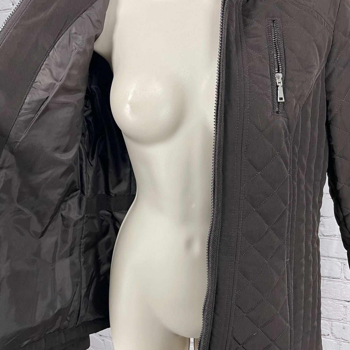 Laundry By Design Brown Quilted Zip Faux Fur Hooded Puffer Jacket Size Small S