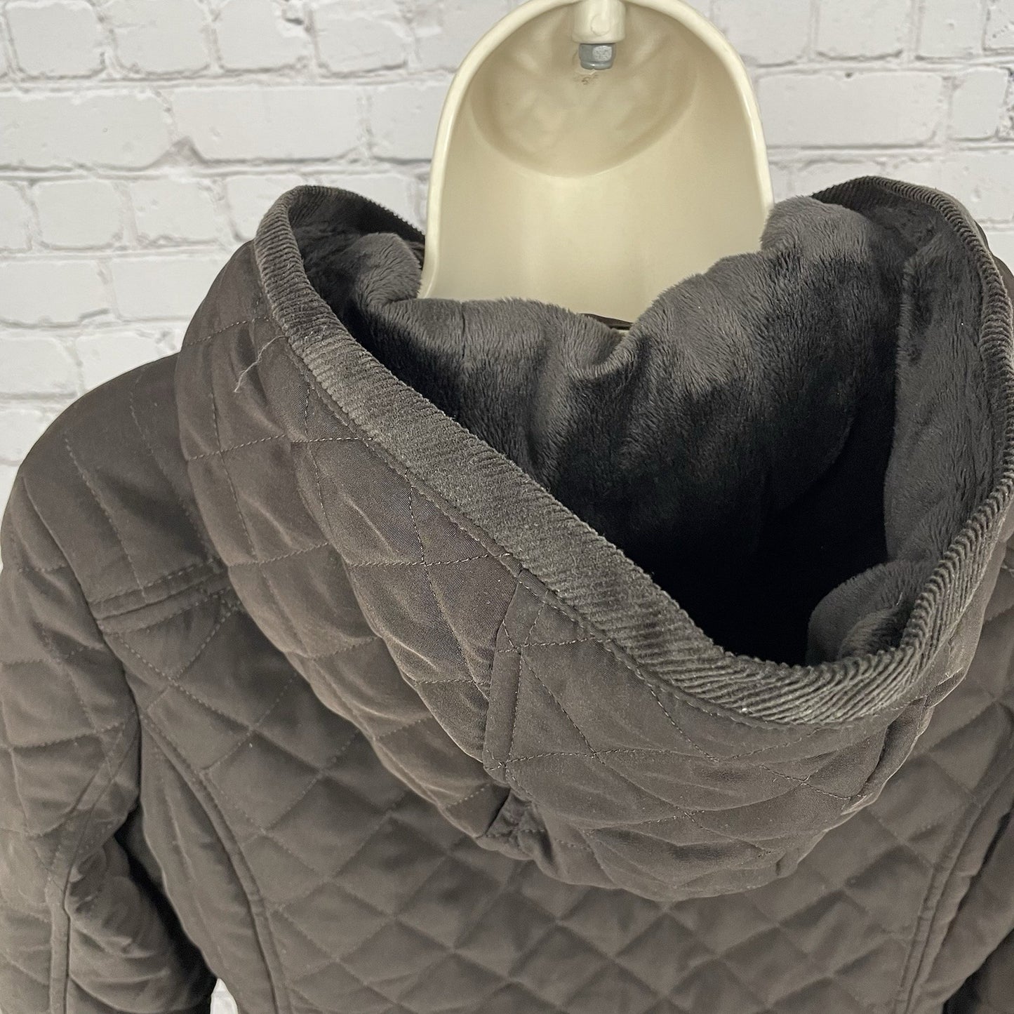 Laundry By Design Brown Quilted Zip Faux Fur Hooded Puffer Jacket Size Small S