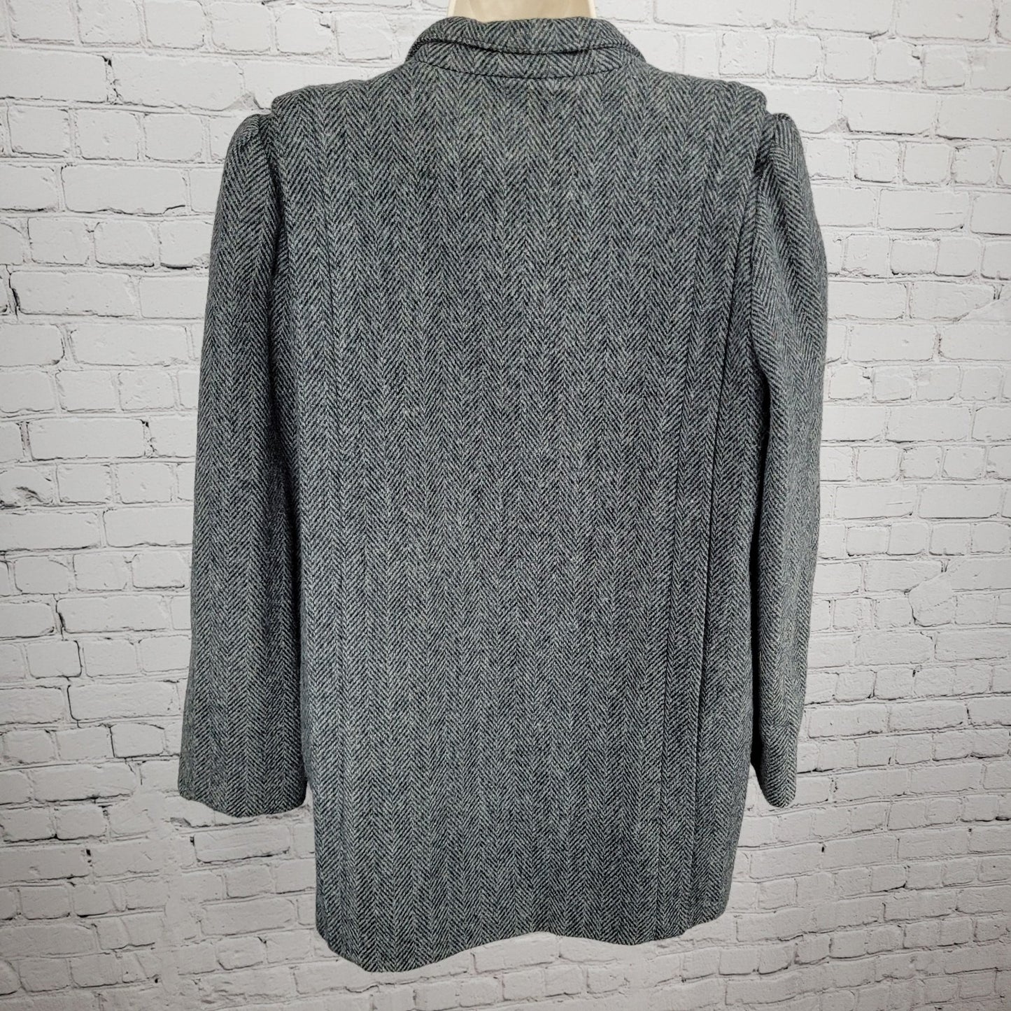 VTG Campari Grey Tweed Herringbone Pea Coat Puff Sleeve Retro USA Made Size L/XL