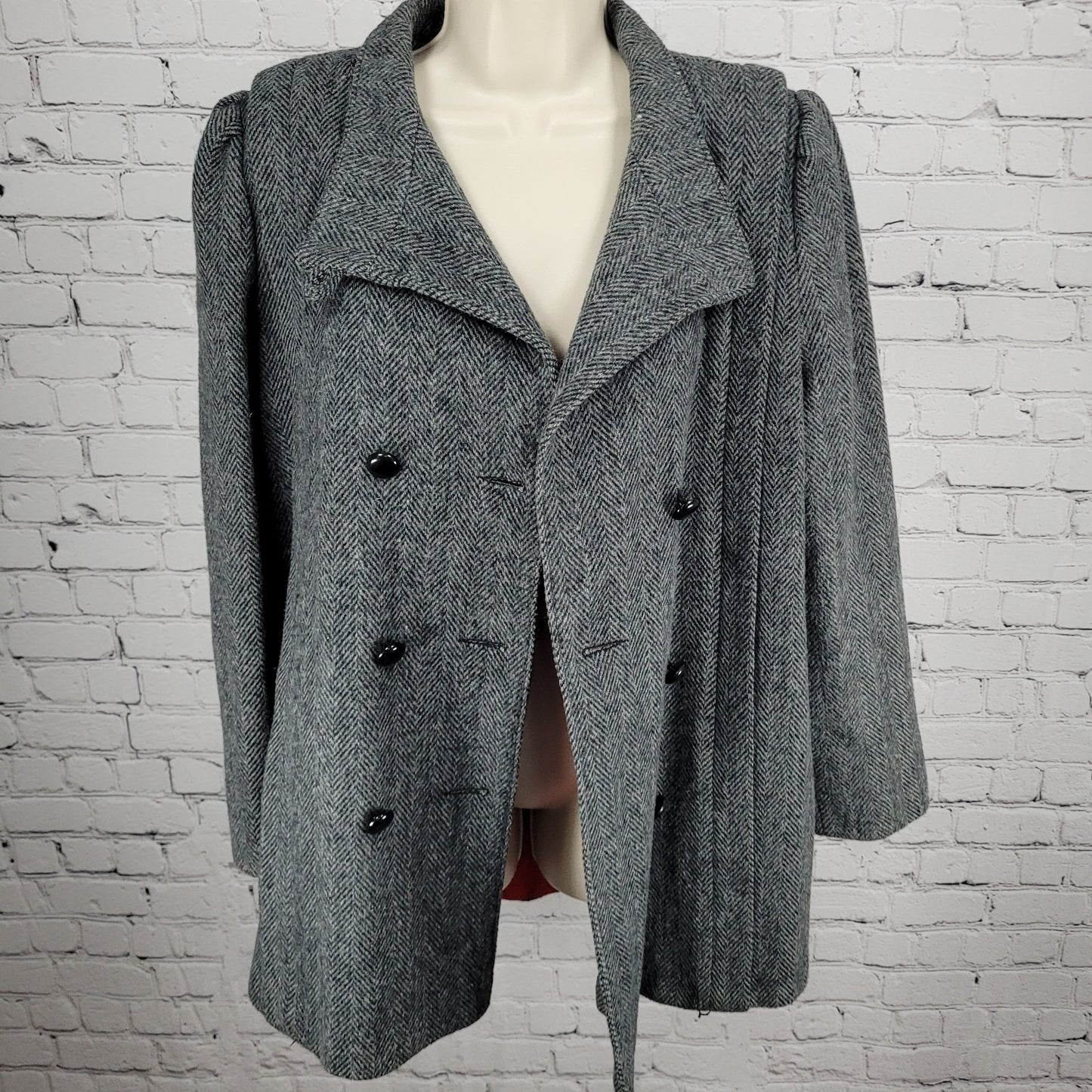 VTG Campari Grey Tweed Herringbone Pea Coat Puff Sleeve Retro USA Made Size L/XL