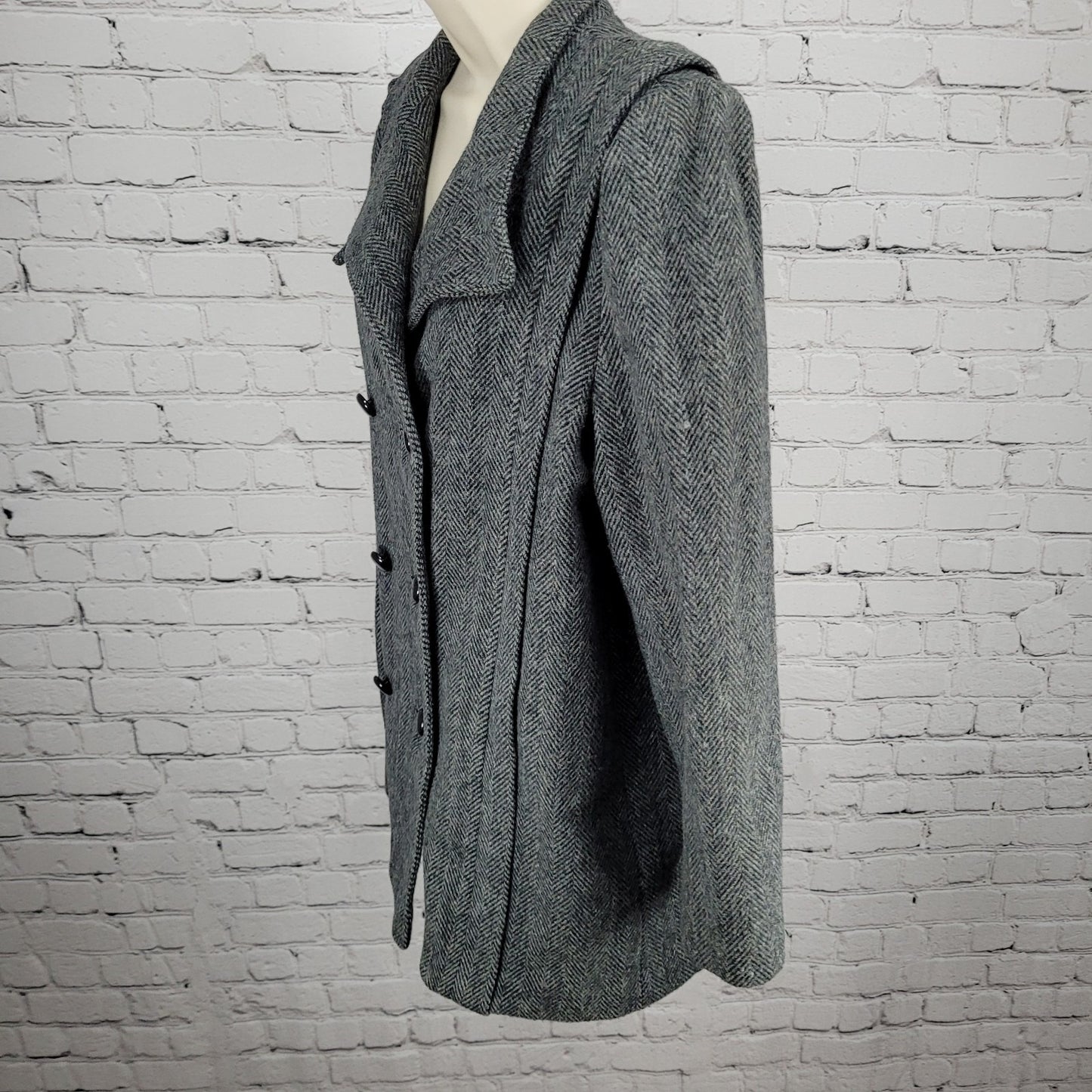 VTG Campari Grey Tweed Herringbone Pea Coat Puff Sleeve Retro USA Made Size L/XL
