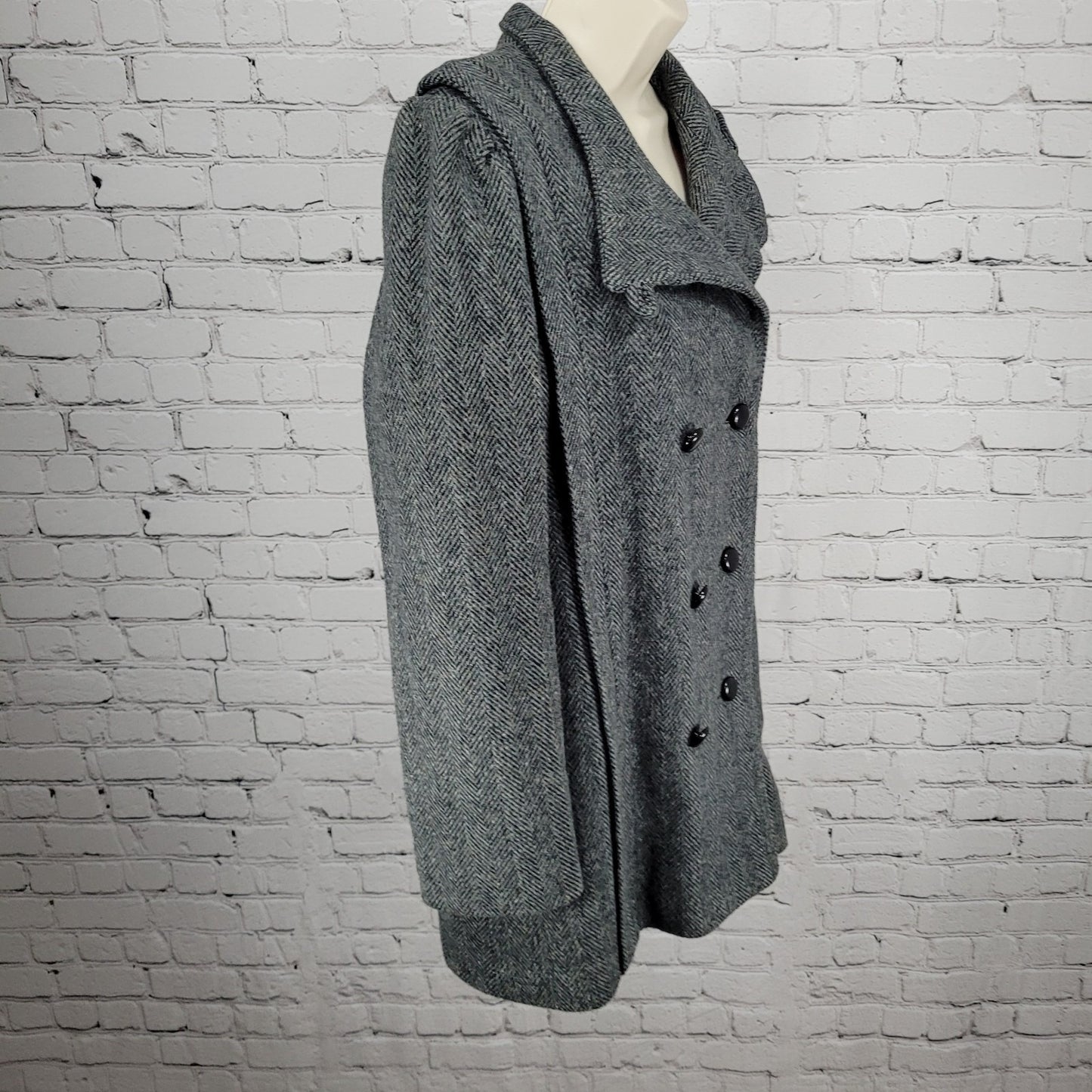 VTG Campari Grey Tweed Herringbone Pea Coat Puff Sleeve Retro USA Made Size L/XL