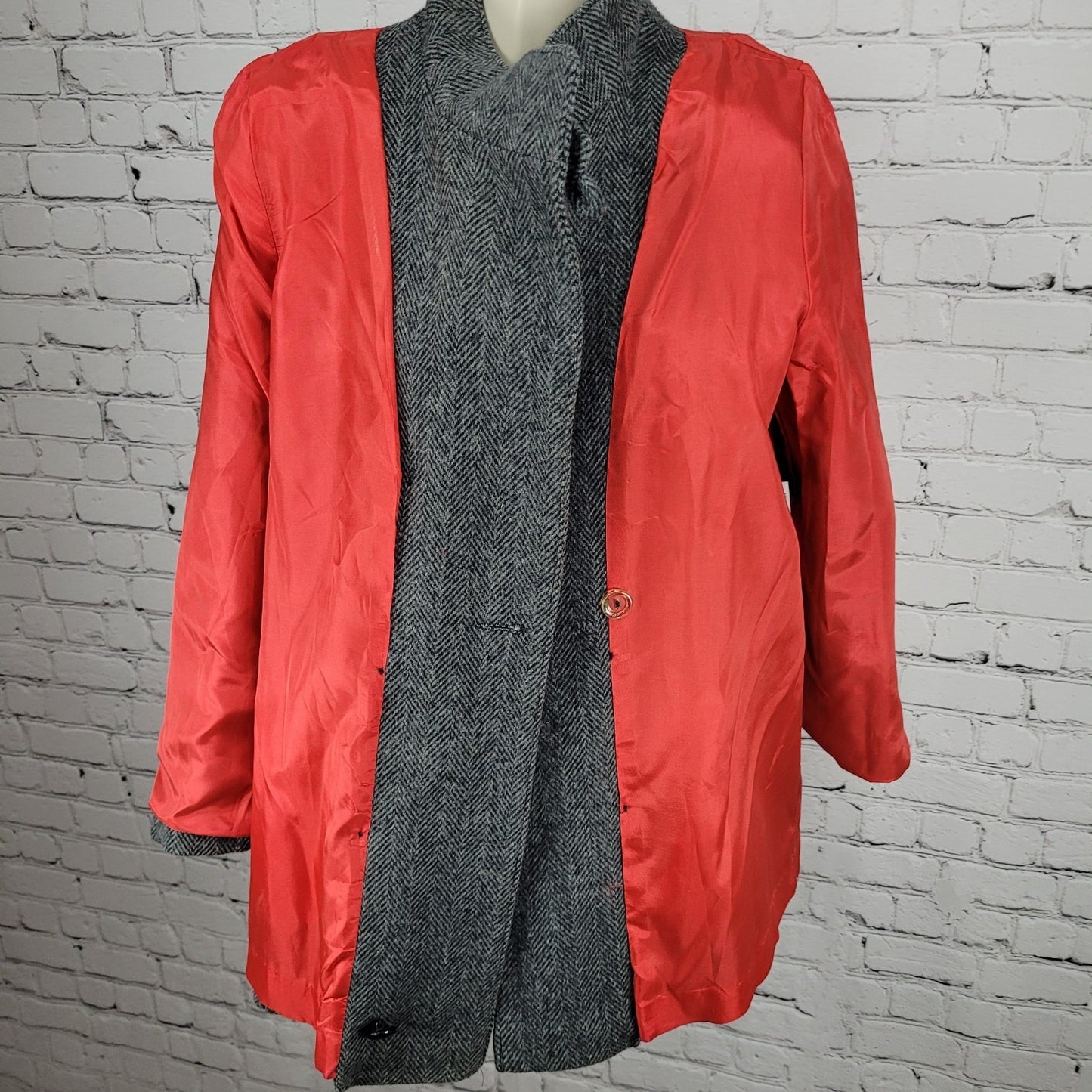 VTG Campari Grey Tweed Herringbone Pea Coat Puff Sleeve Retro USA Made Size L/XL