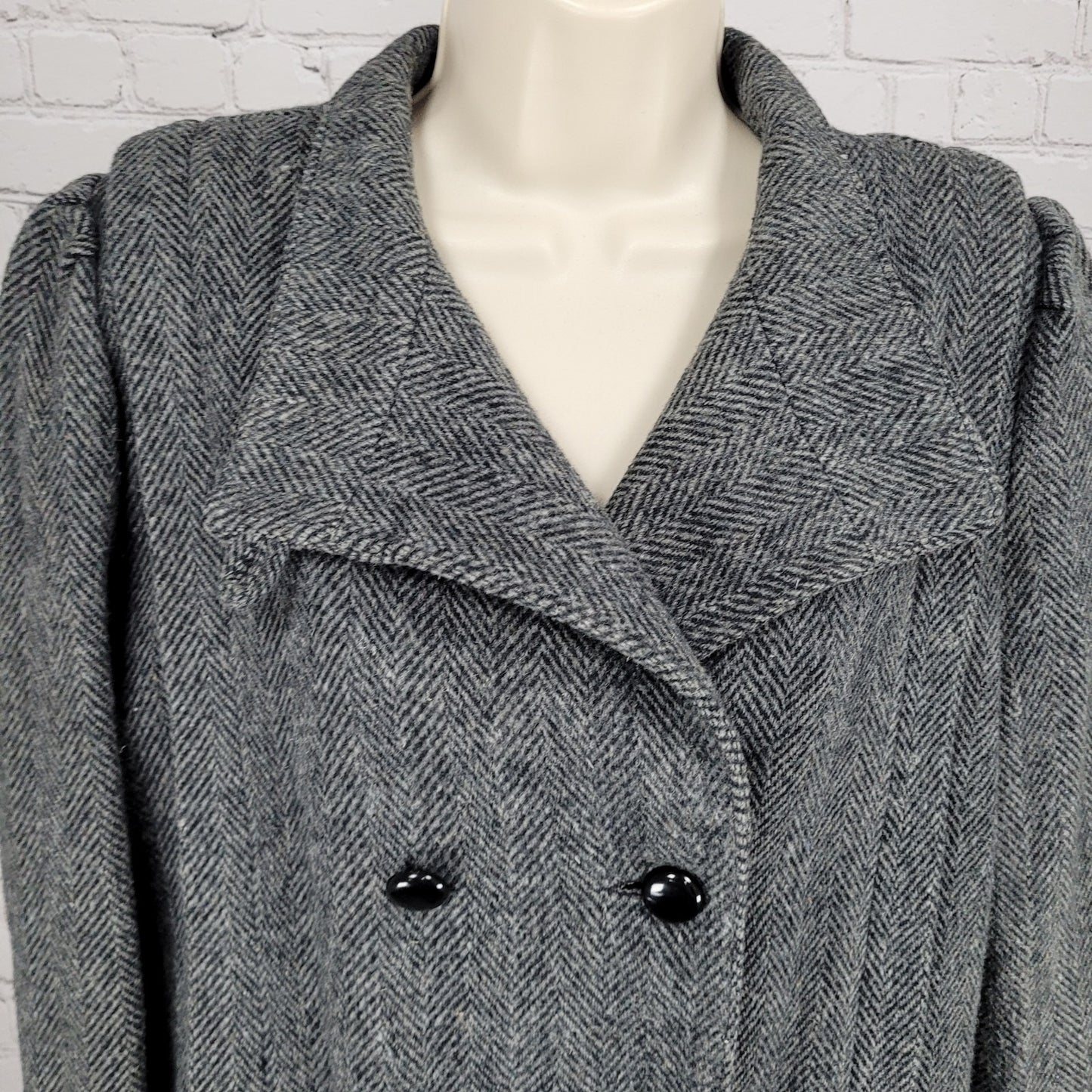 VTG Campari Grey Tweed Herringbone Pea Coat Puff Sleeve Retro USA Made Size L/XL