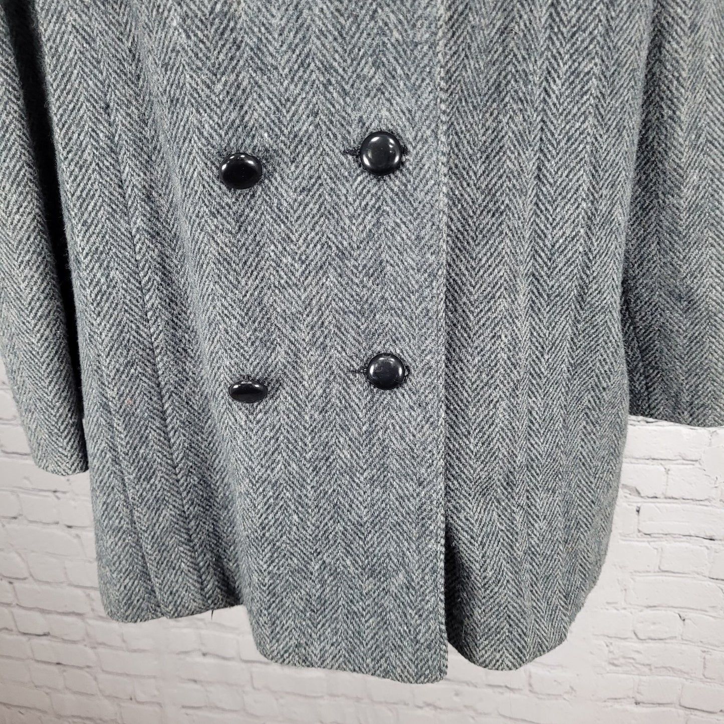 VTG Campari Grey Tweed Herringbone Pea Coat Puff Sleeve Retro USA Made Size L/XL