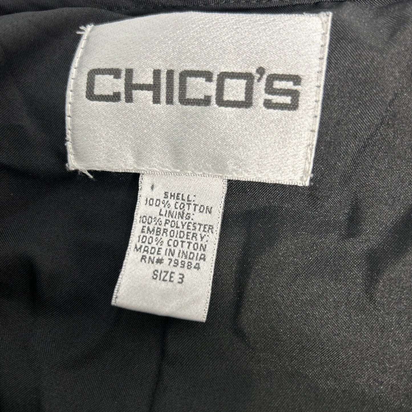 Chicos Black Gray Aztec Embroidered Open Front Velvet Lightweight Jacket L