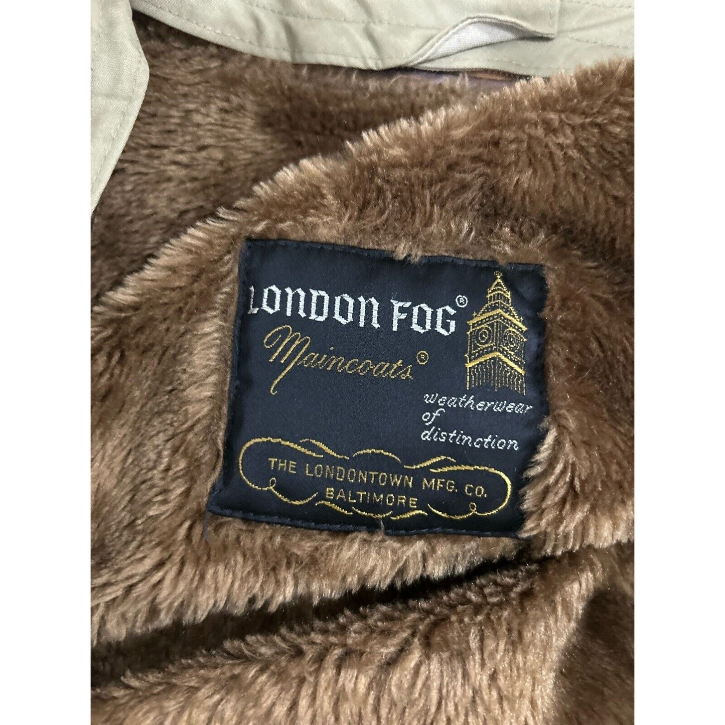 VTG London Fog Claeth Cloth Khaki Faux Fur Lined Trench Coat Mens Size 44 X Long