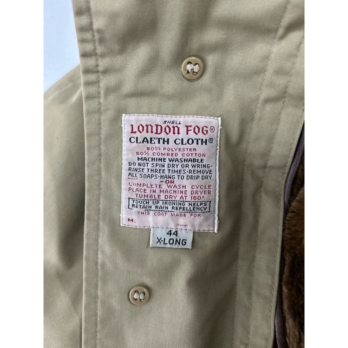 VTG London Fog Claeth Cloth Khaki Faux Fur Lined Trench Coat Mens Size 44 X Long