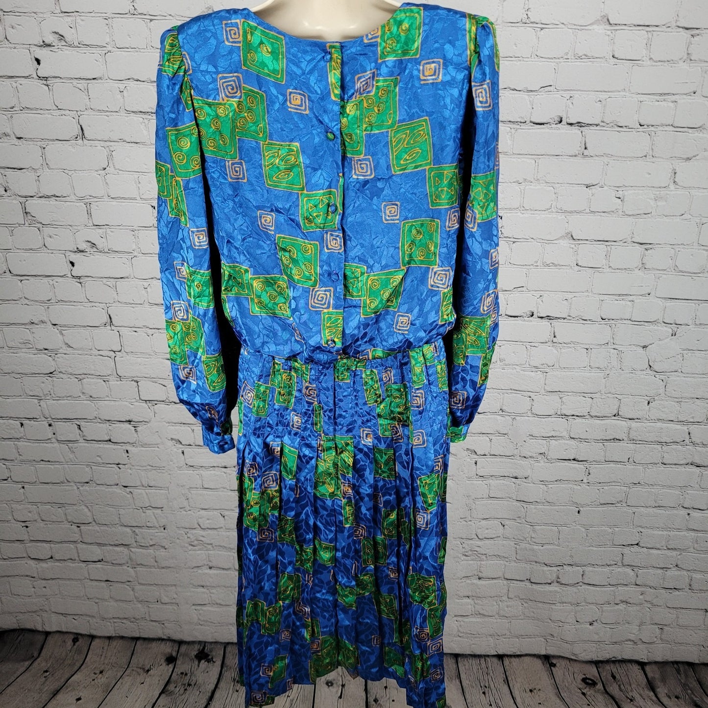 VTG Unbranded Blue Green Satin Puff Long Sleeve Buttoned Back Midi Dress Size 12