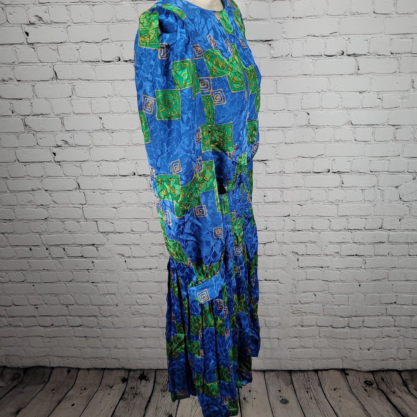 VTG Unbranded Blue Green Satin Puff Long Sleeve Buttoned Back Midi Dress Size 12