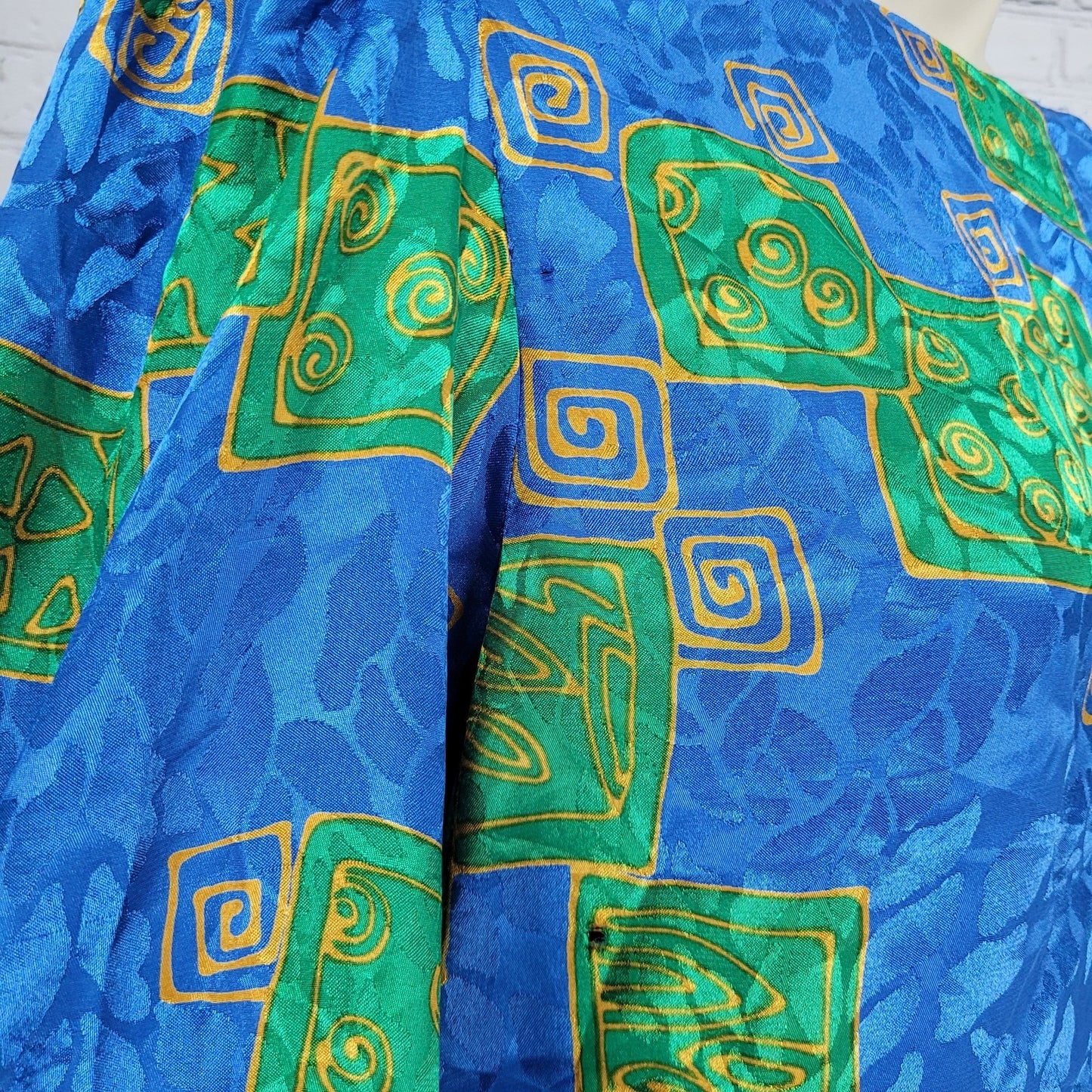 VTG Unbranded Blue Green Satin Puff Long Sleeve Buttoned Back Midi Dress Size 12