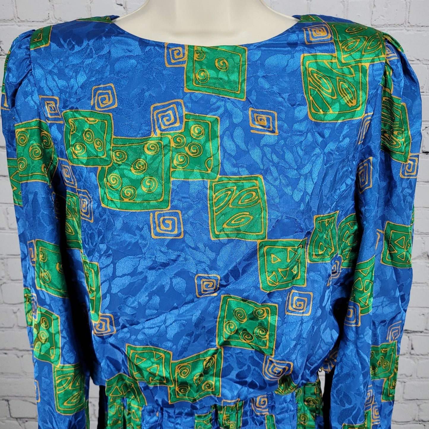 VTG Unbranded Blue Green Satin Puff Long Sleeve Buttoned Back Midi Dress Size 12