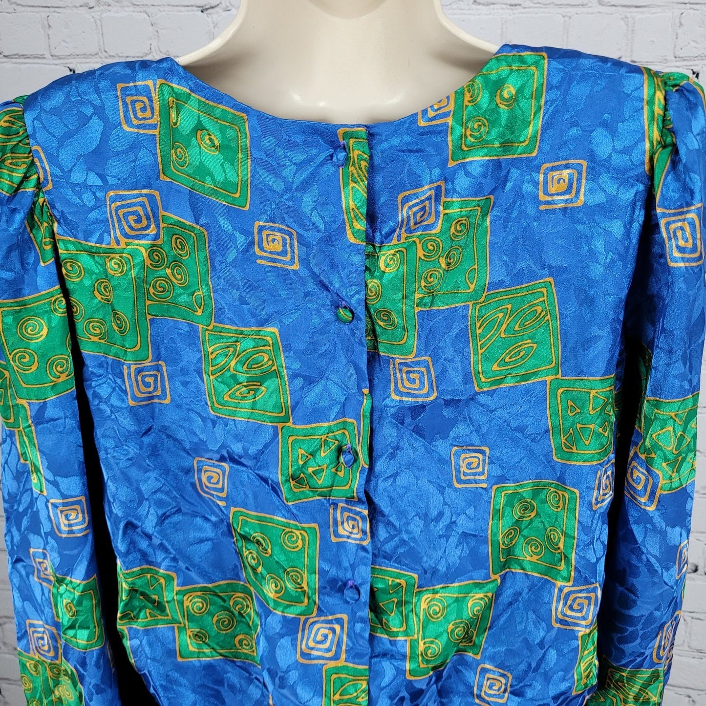 VTG Unbranded Blue Green Satin Puff Long Sleeve Buttoned Back Midi Dress Size 12