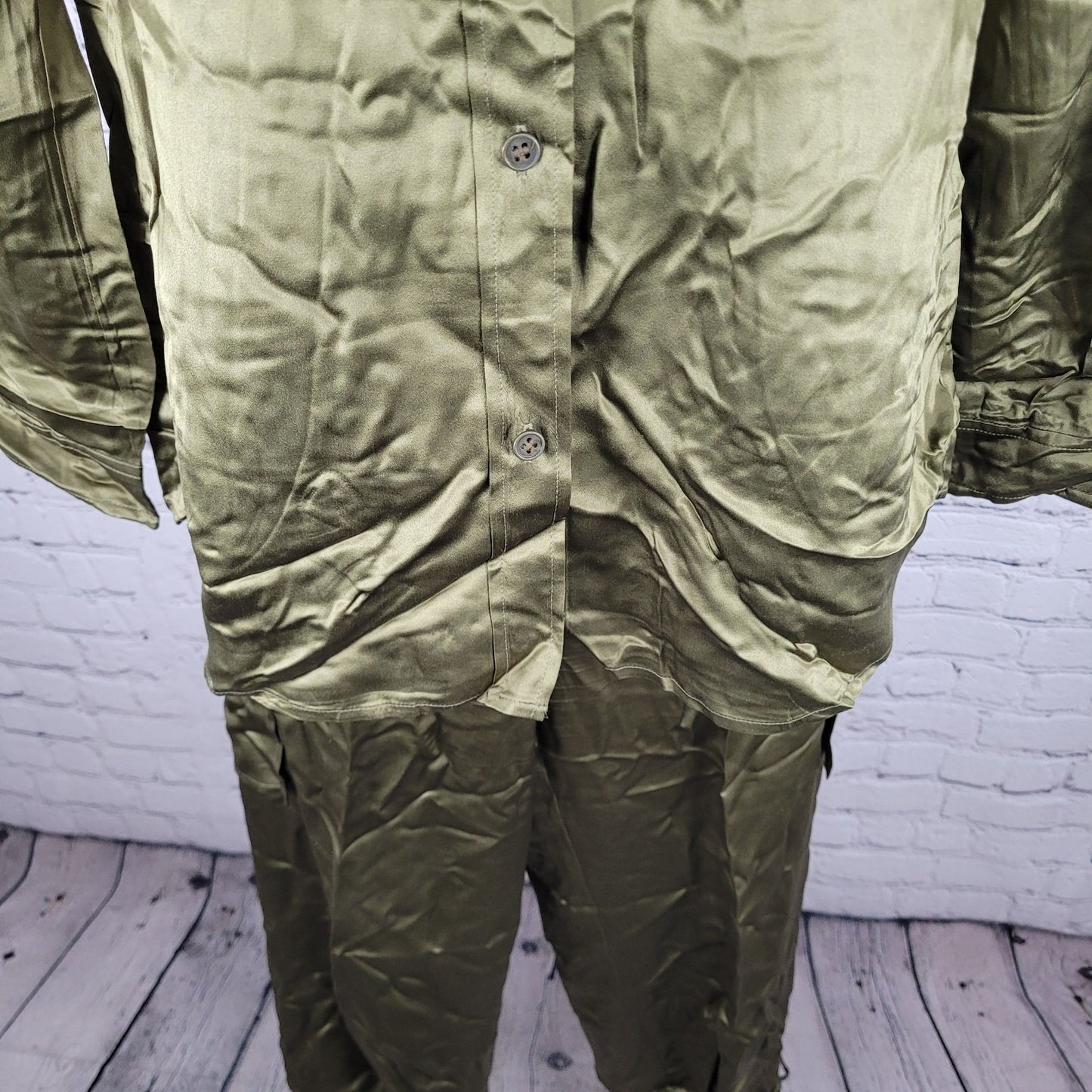 Josephine Chaus Green 100% Silk 2 Piece Outfit Shirt Size 12 Pants 14 (33x29)