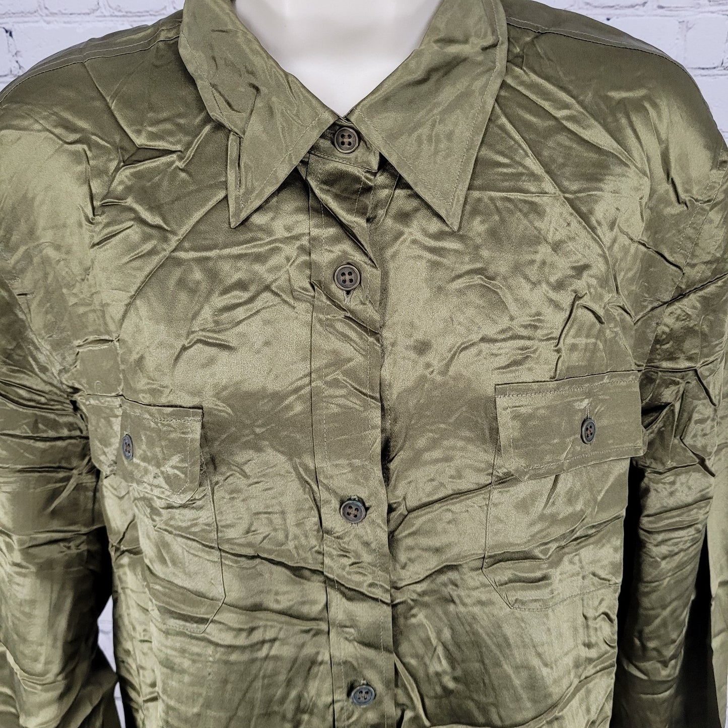 Josephine Chaus Green 100% Silk 2 Piece Outfit Shirt Size 12 Pants 14 (33x29)