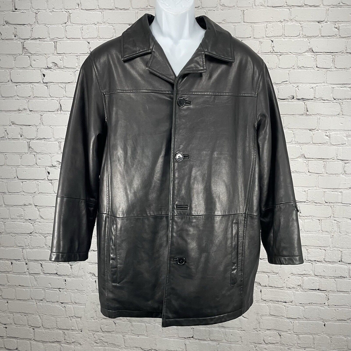Excelled Black Soft Leather 4 Button Collared Long Lined Jacket Medium M *rip