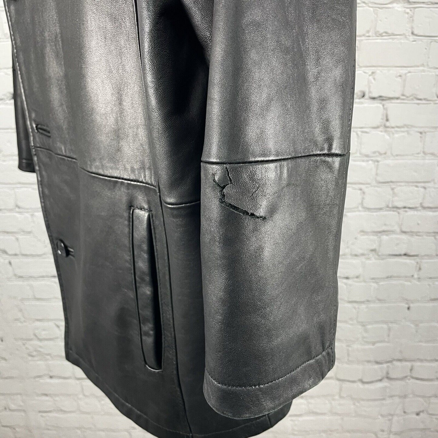 Excelled Black Soft Leather 4 Button Collared Long Lined Jacket Medium M *rip