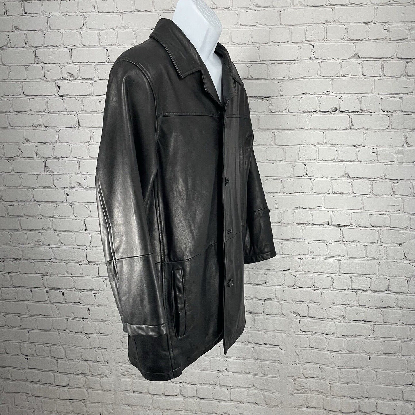 Excelled Black Soft Leather 4 Button Collared Long Lined Jacket Medium M *rip
