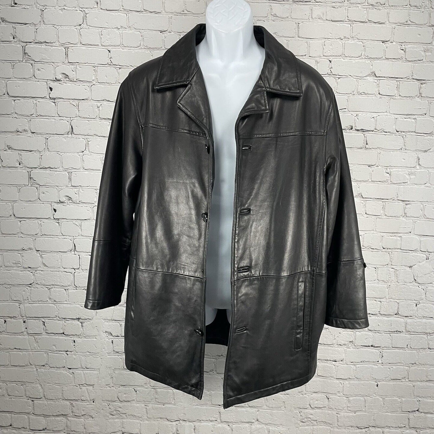 Excelled Black Soft Leather 4 Button Collared Long Lined Jacket Medium M *rip