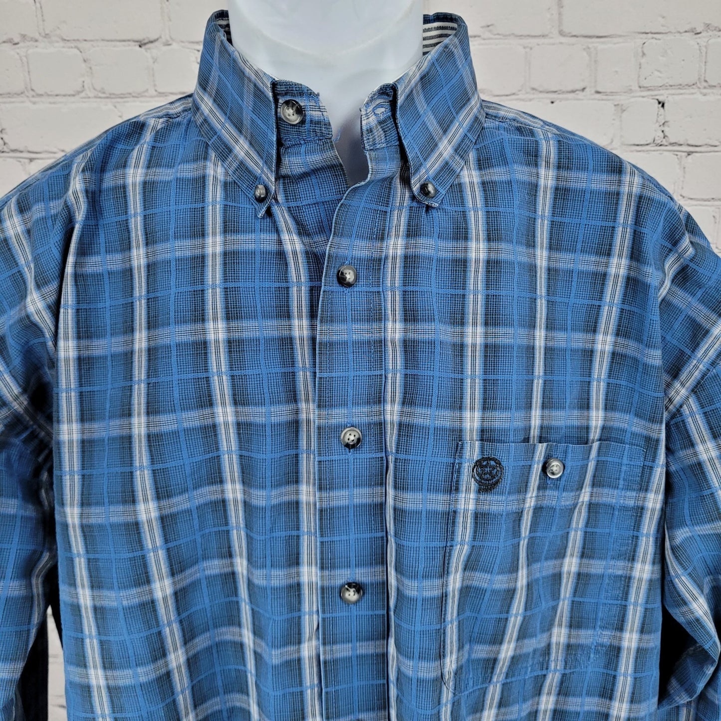 Wrangler George Straight Blue Plaid Cowboy Button Down Long Sleeve Shirt Size LT