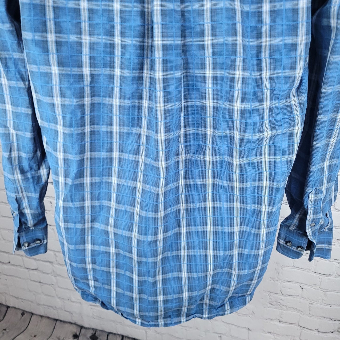 Wrangler George Straight Blue Plaid Cowboy Button Down Long Sleeve Shirt Size LT