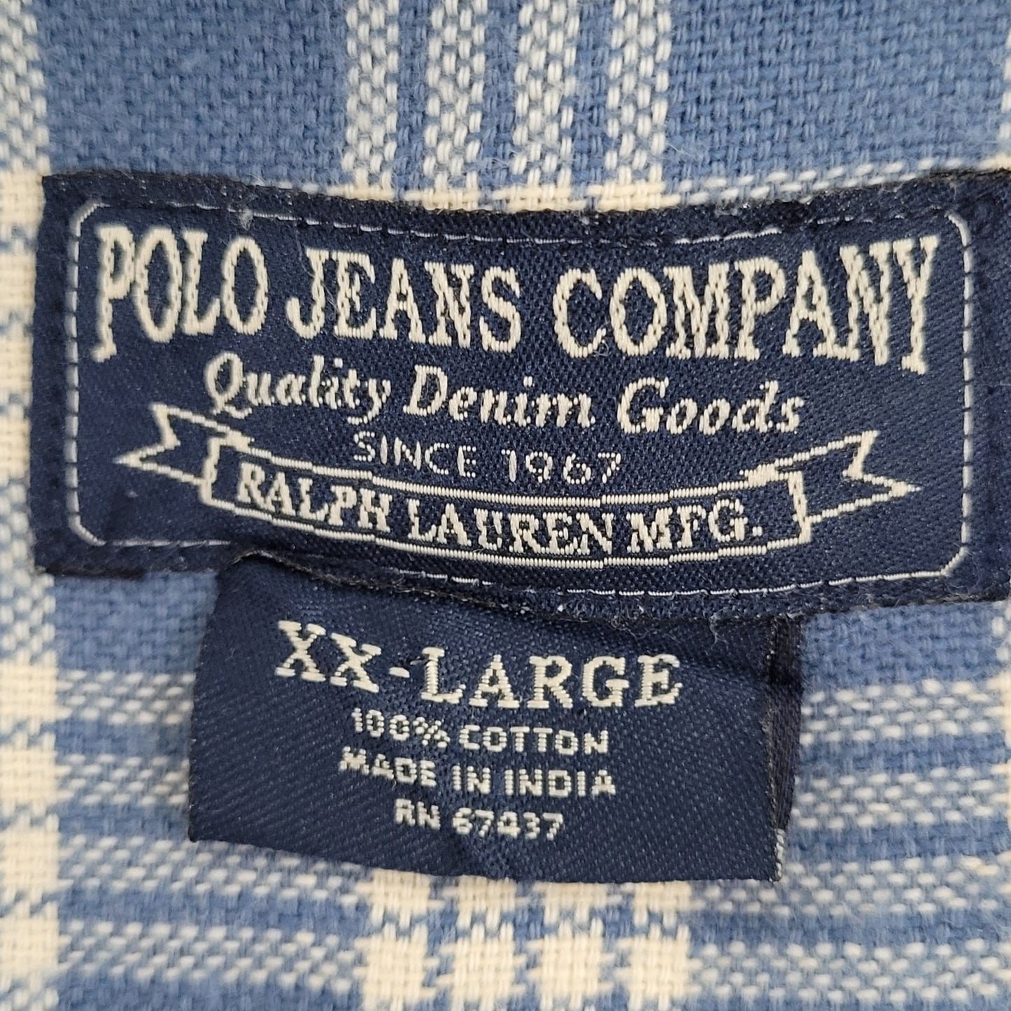 Polo Jeans Co Ralph Lauren Blue Check 100% Cotton Flannel Button Shirt Size XXL