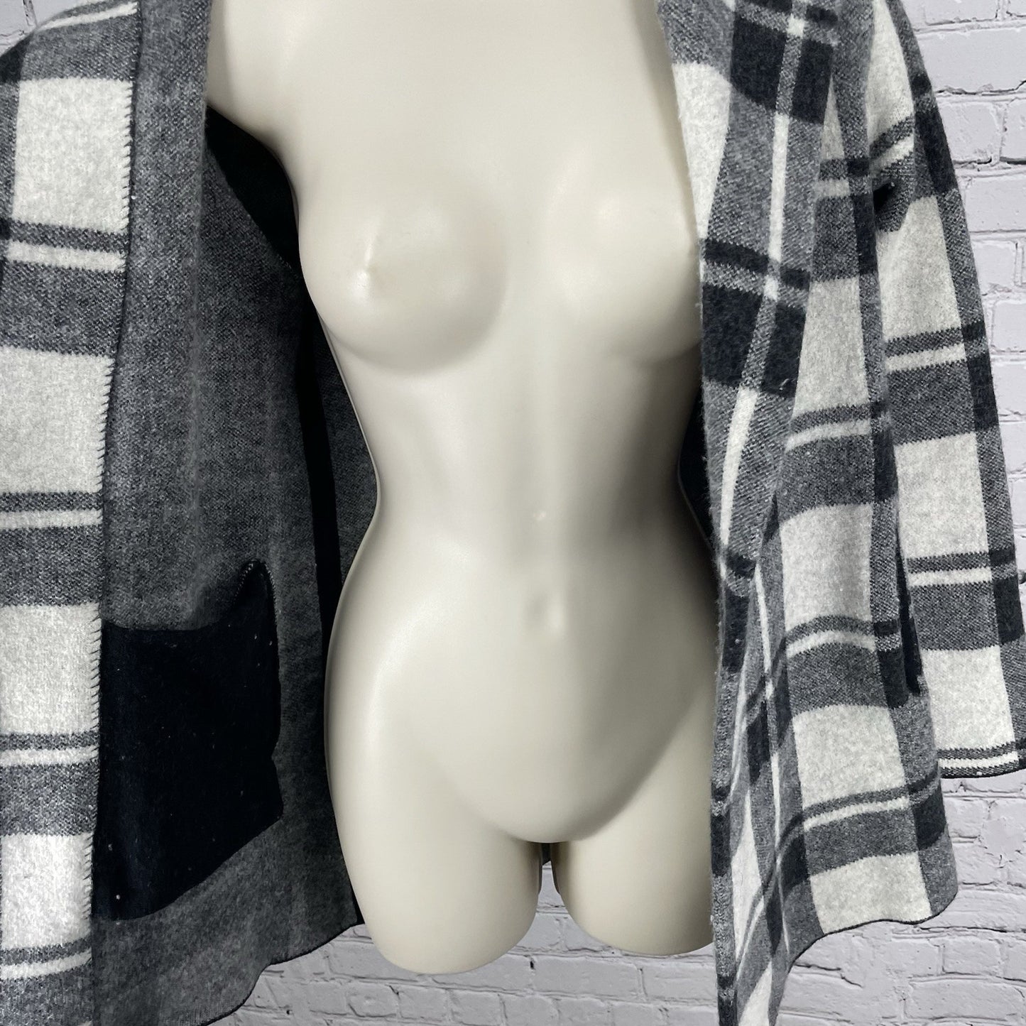 Field Flower Anthropologie Grey Plaid 100% Wool Open Jacket Pockets Size XS