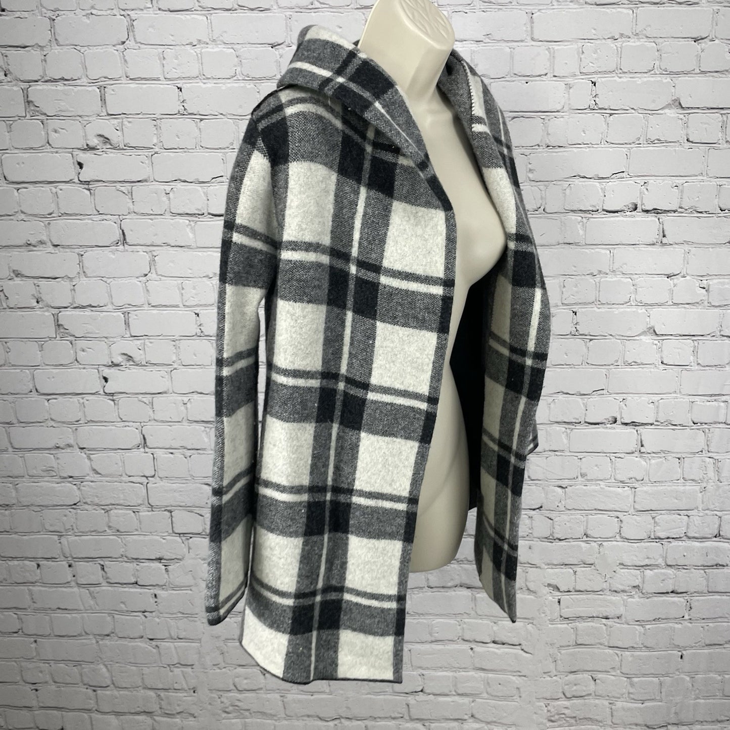 Field Flower Anthropologie Grey Plaid 100% Wool Open Jacket Pockets Size XS