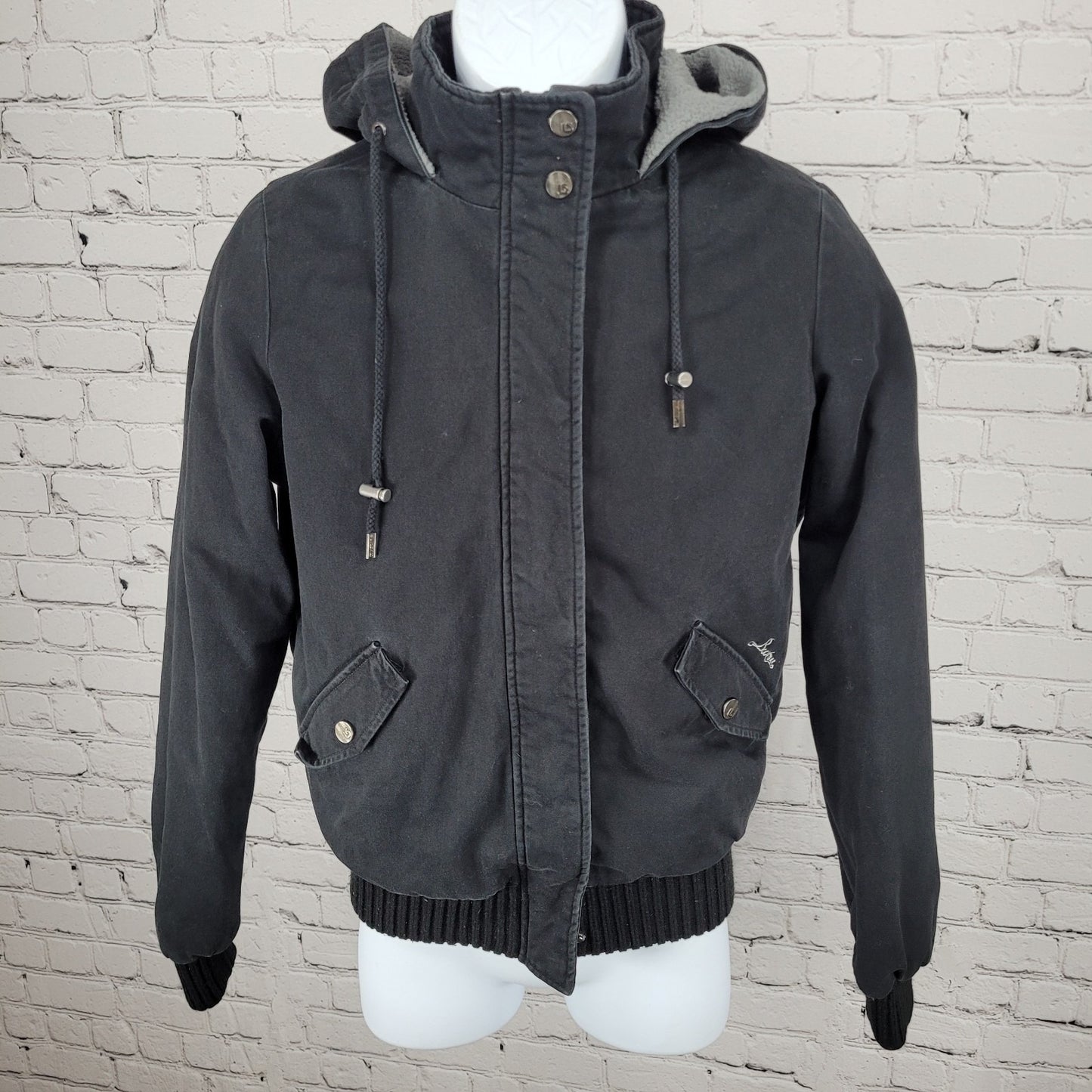 Burton Black Cotton Twill Hooded Sherpa Fleece Lined Full Zip & Snap Jacket S