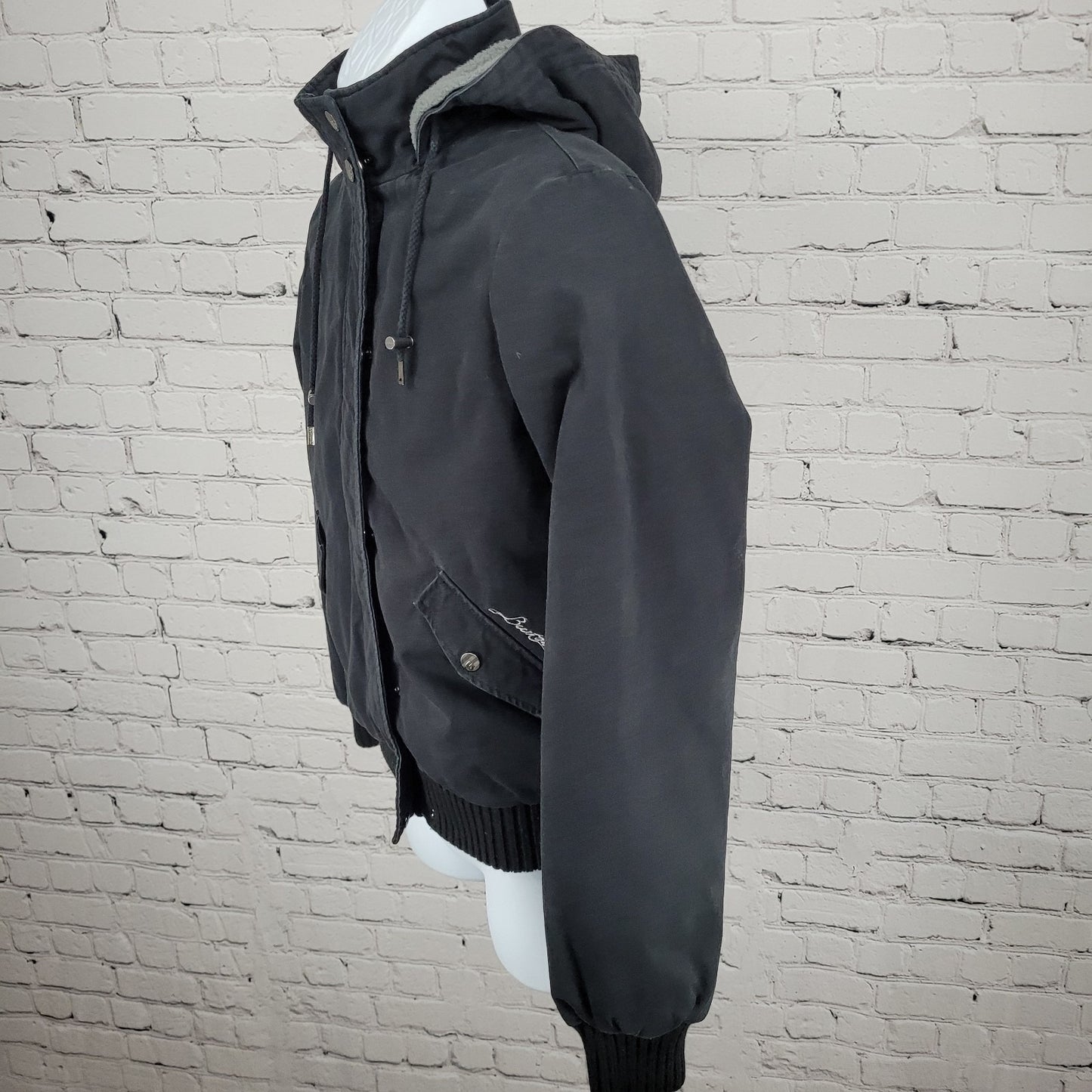 Burton Black Cotton Twill Hooded Sherpa Fleece Lined Full Zip & Snap Jacket S