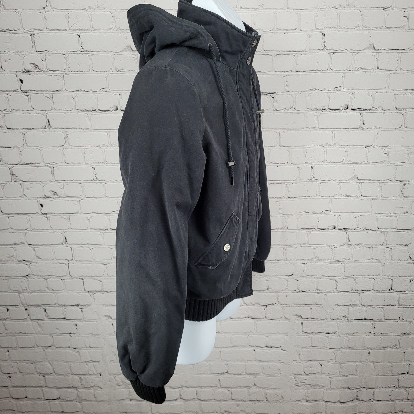 Burton Black Cotton Twill Hooded Sherpa Fleece Lined Full Zip & Snap Jacket S