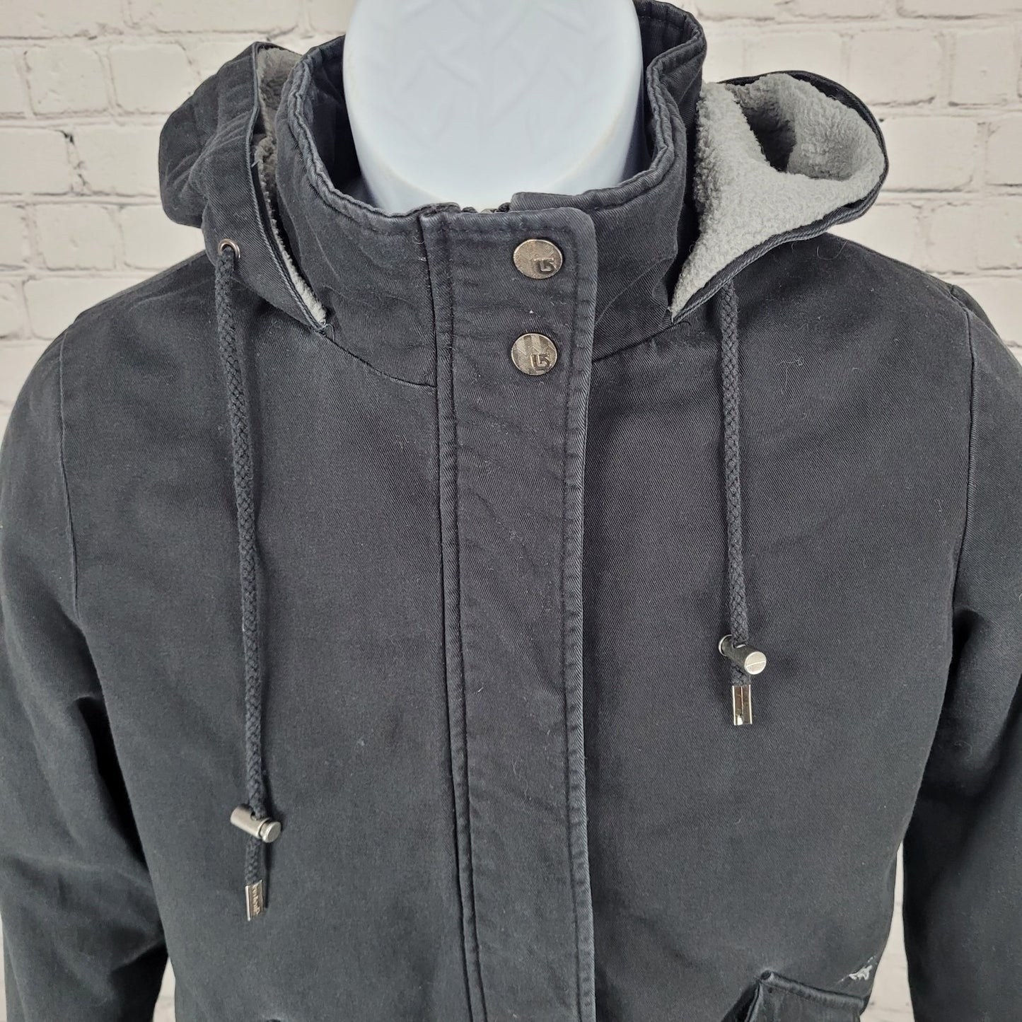 Burton Black Cotton Twill Hooded Sherpa Fleece Lined Full Zip & Snap Jacket S