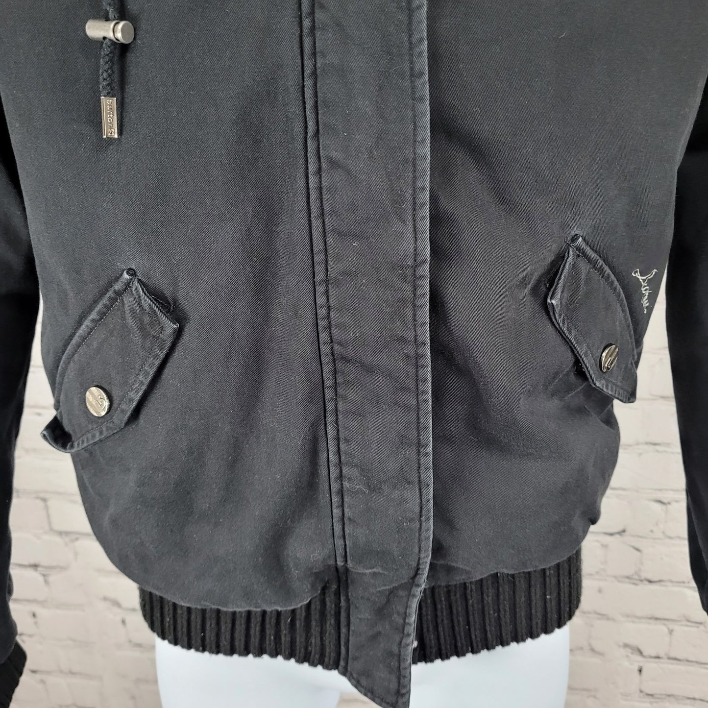 Burton Black Cotton Twill Hooded Sherpa Fleece Lined Full Zip & Snap Jacket S
