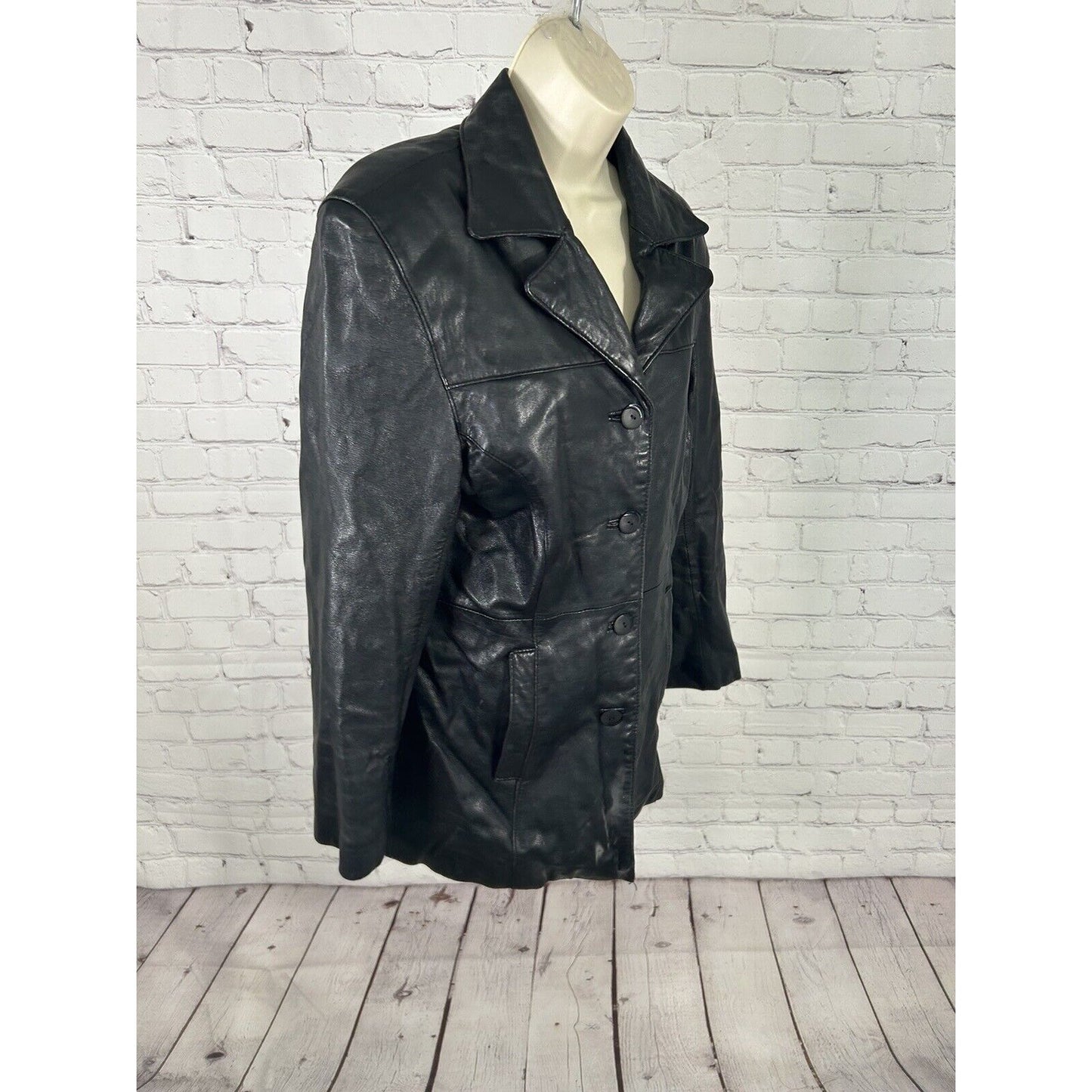 Accents By Comint Solid Black Button Up Genuine Leather Biker Jacket Women’s M